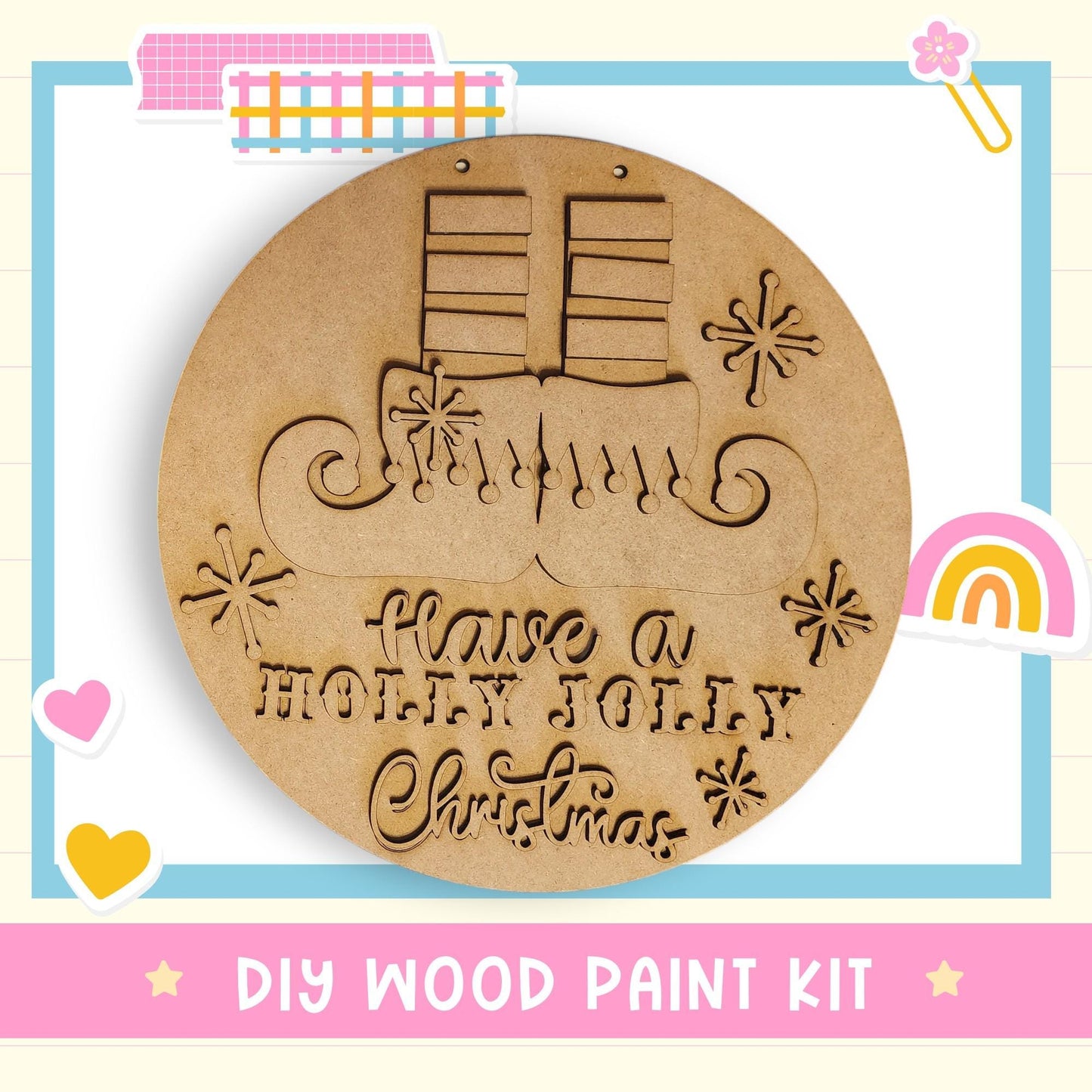 a DIY wood paint kit for creating a wooden ornament with a Christmas message.
