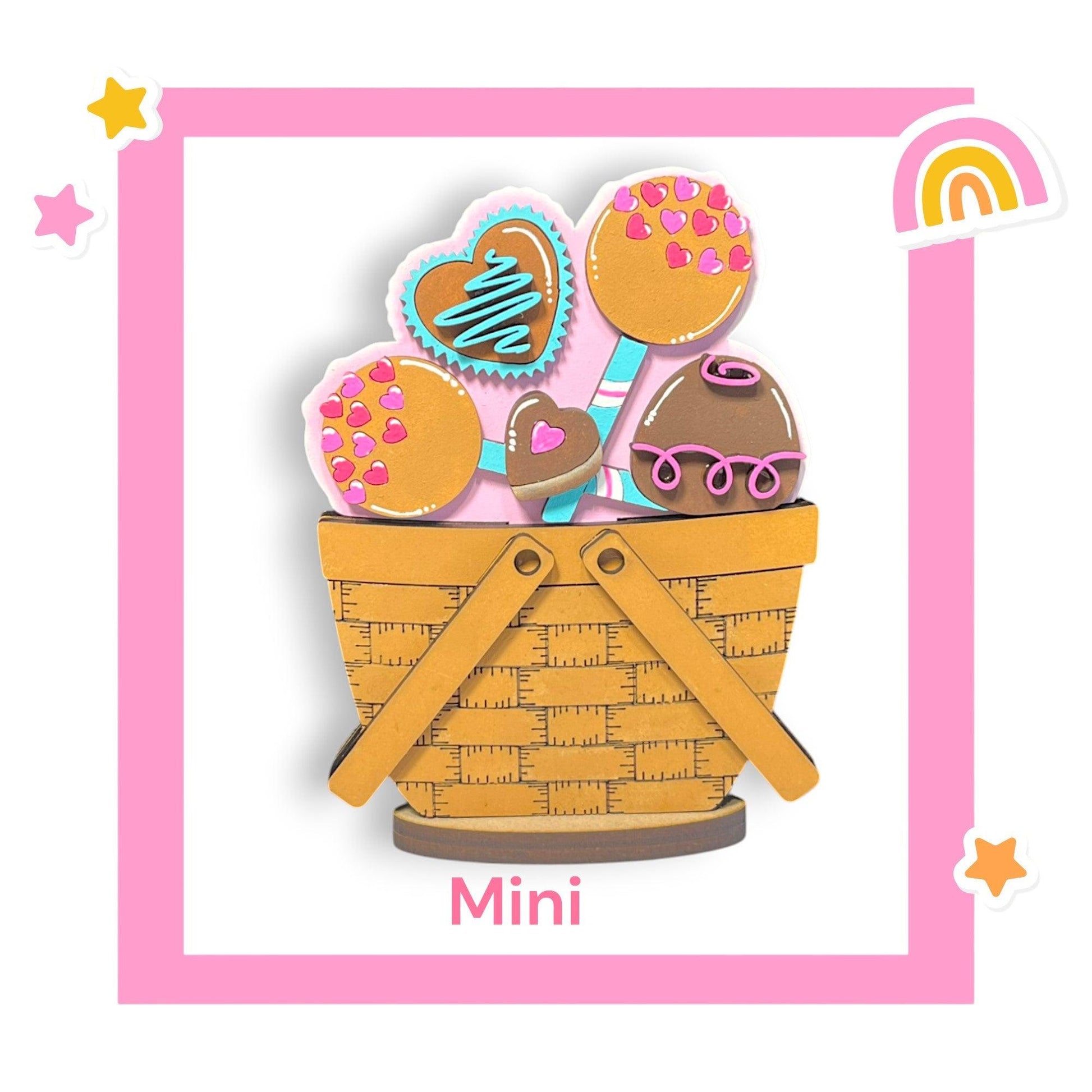 a picture of a basket of cookies with a rainbow in the background