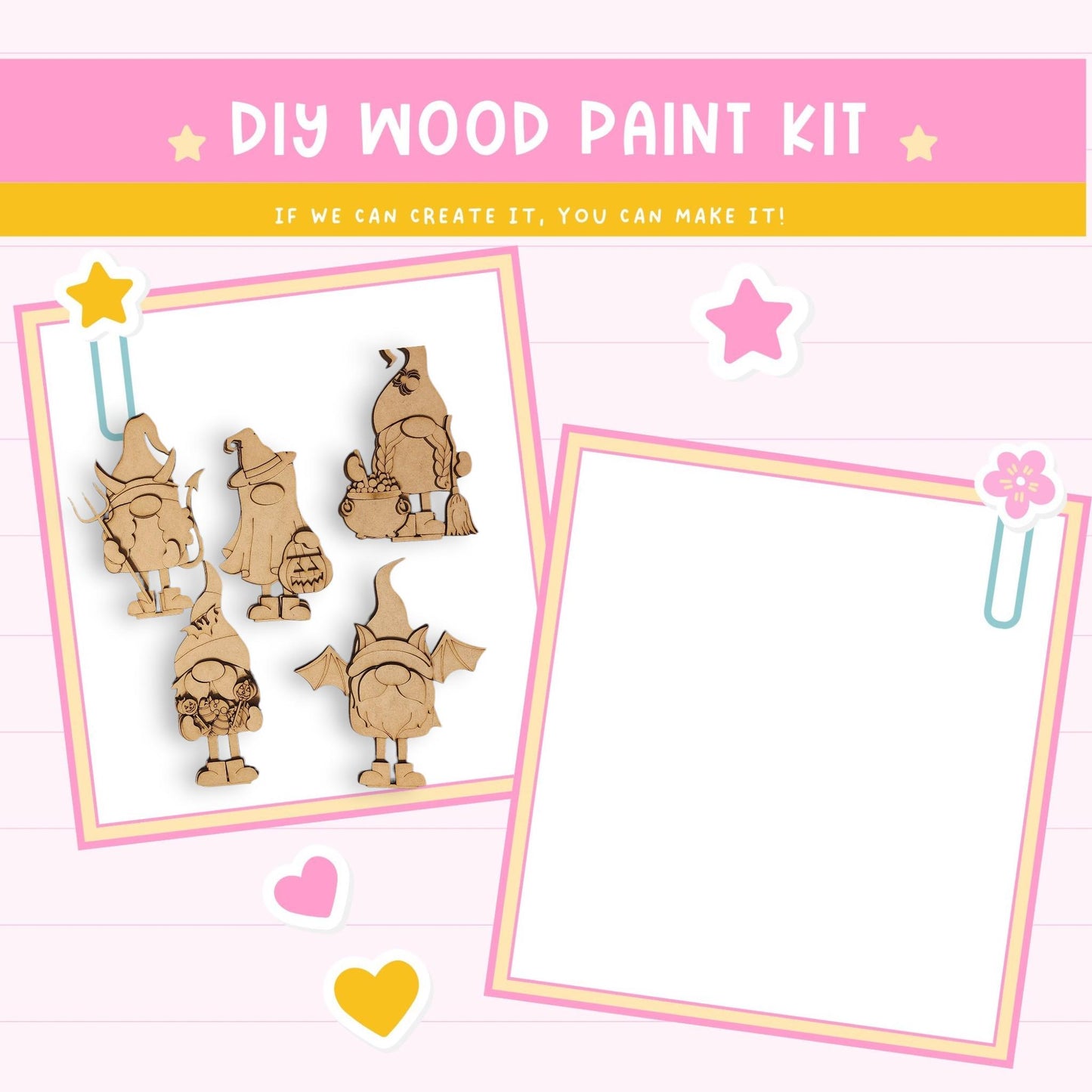 The image is a DIY wood paint kit featuring wooden gnome figurines and a blank white frame.