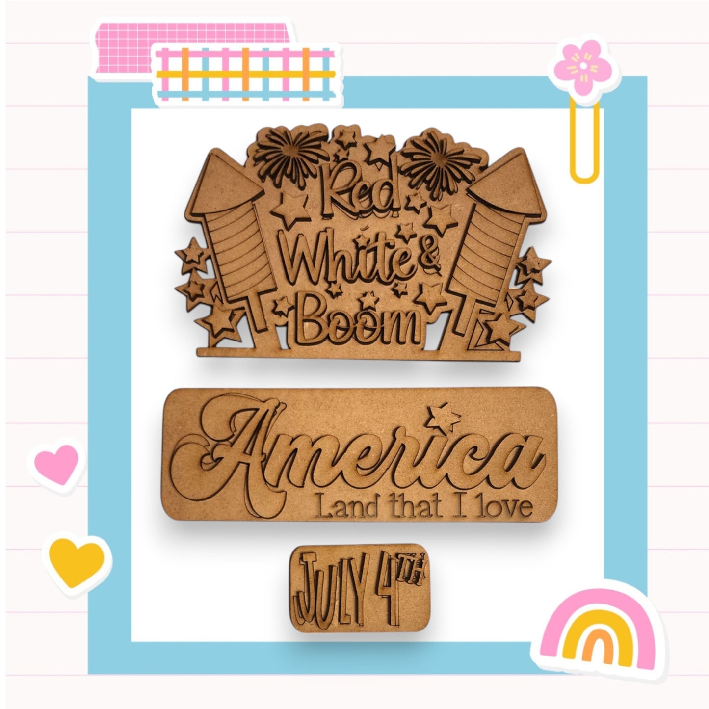 two wooden magnets with the words america and a rainbow in the background