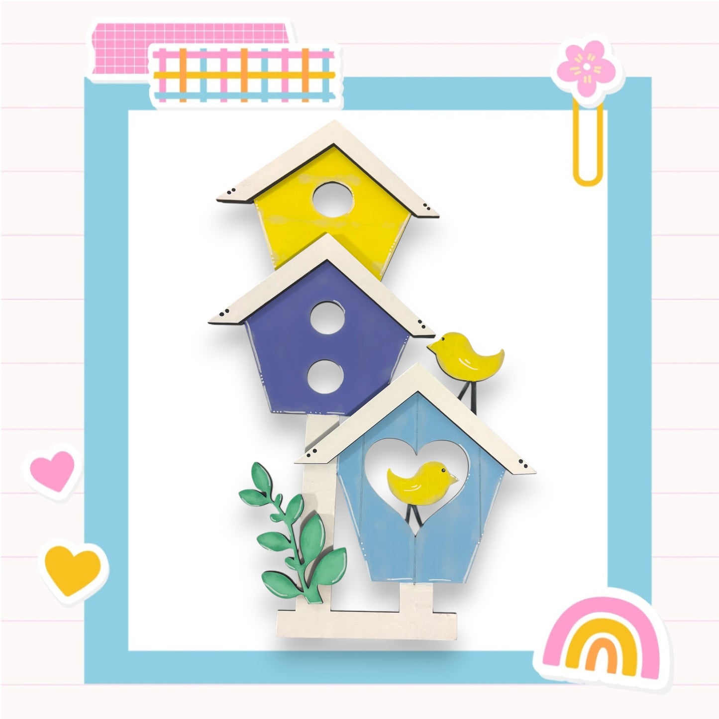 A colorful illustration of a birdhouse with a yellow bird perched on it, surrounded by various decorative elements such as hearts, a flower, and a rainbow.