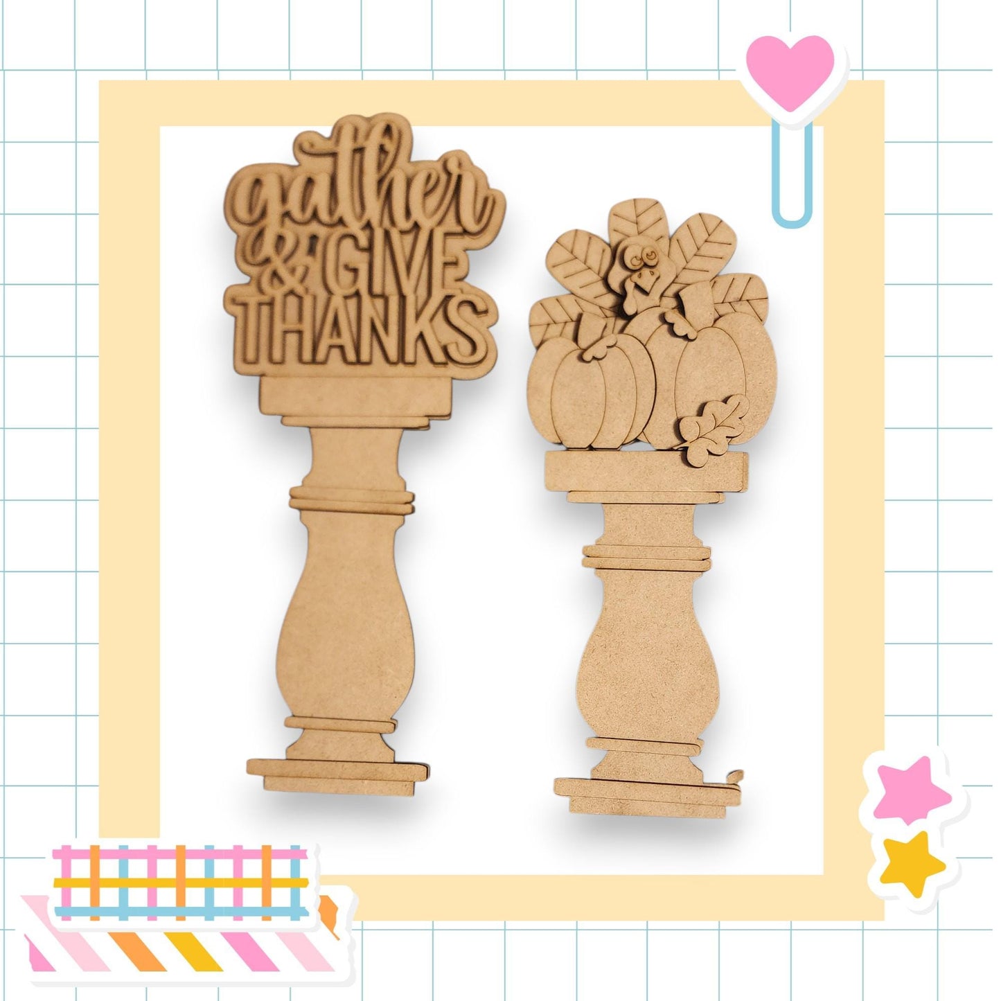 two wooden ornaments, each with a different design, placed on a white background. The ornaments appear to be made of a light-colored material, possibly wood or a similar material. The ornaments are positioned next to each other, creating a visually appealing arrangement.
