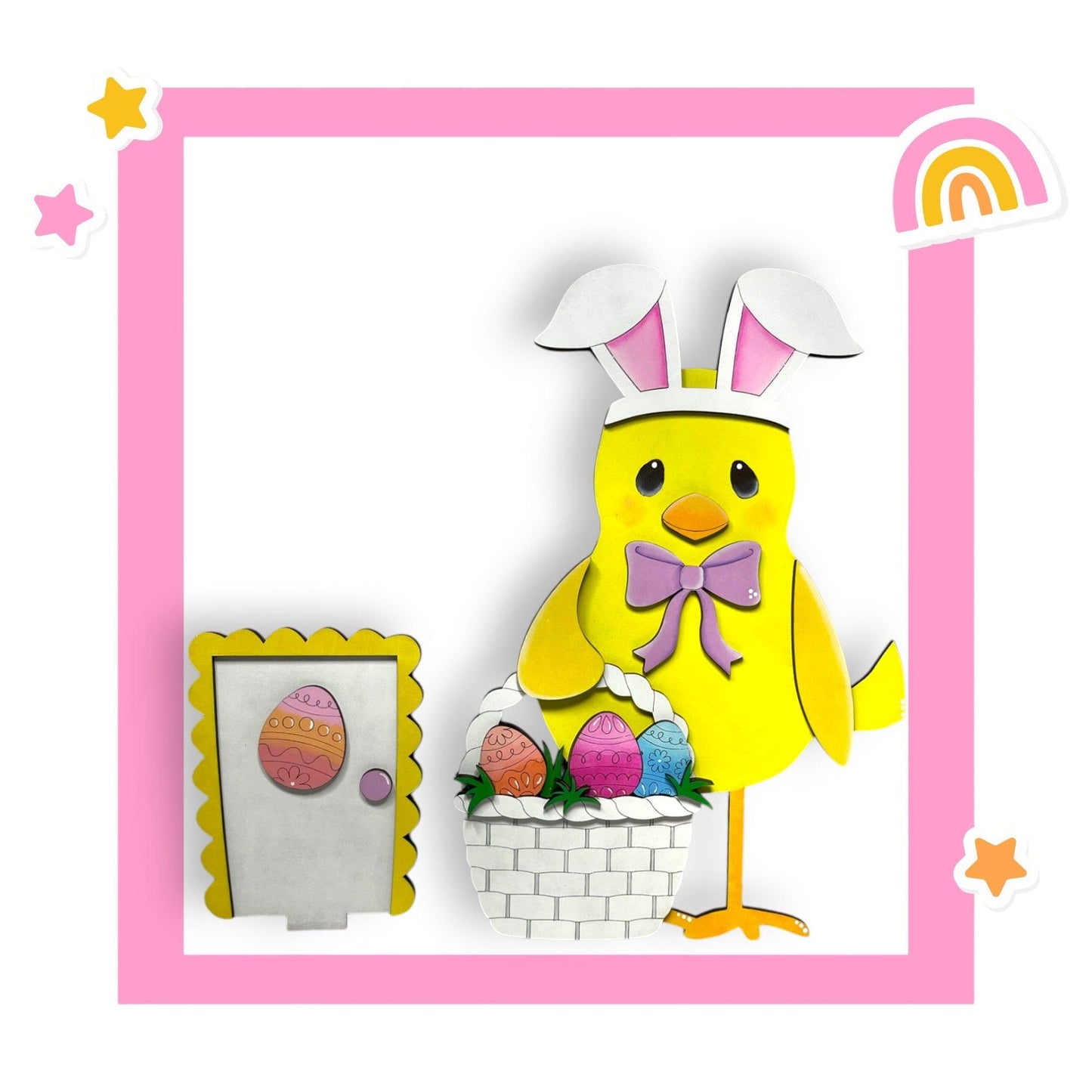 a paper cut out of a chick with a basket of eggs