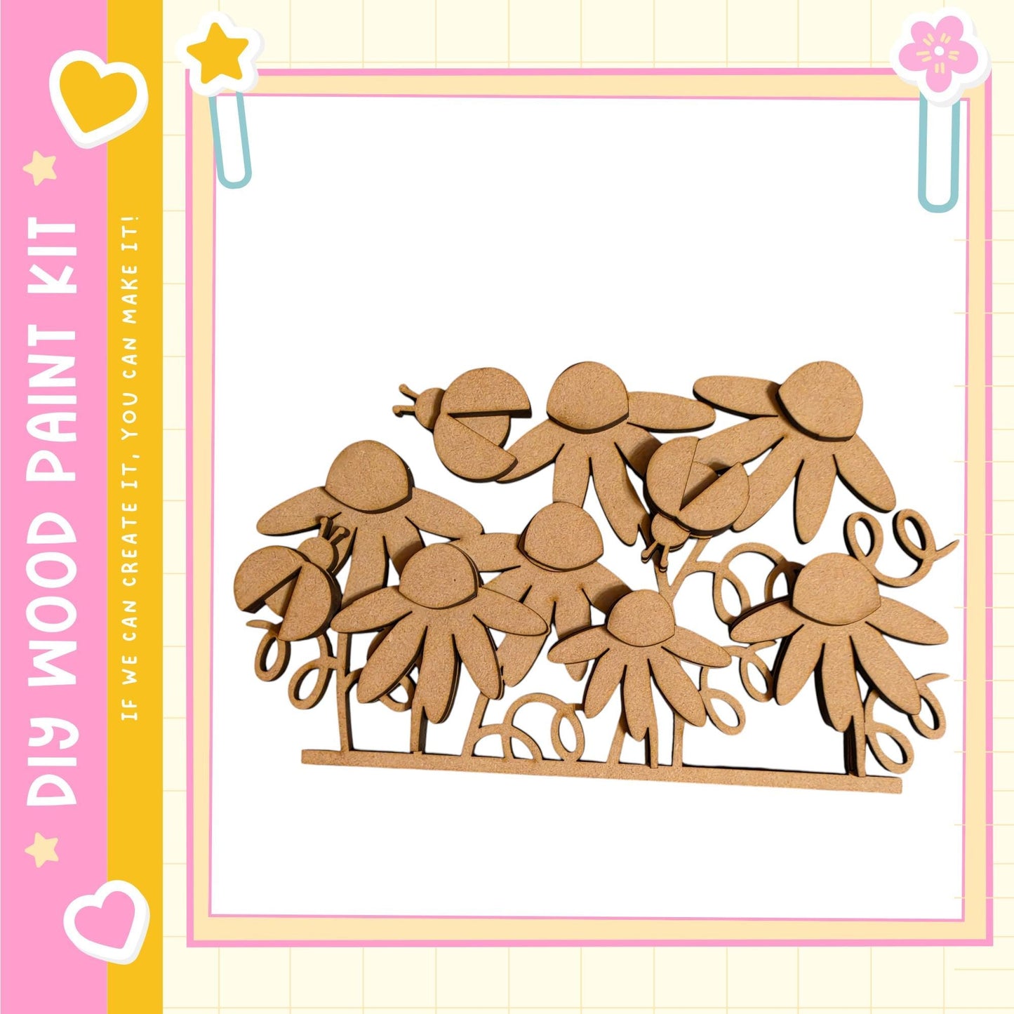 a wooden paint kit with a pink and yellow border, containing a group of wooden flowers or figures.