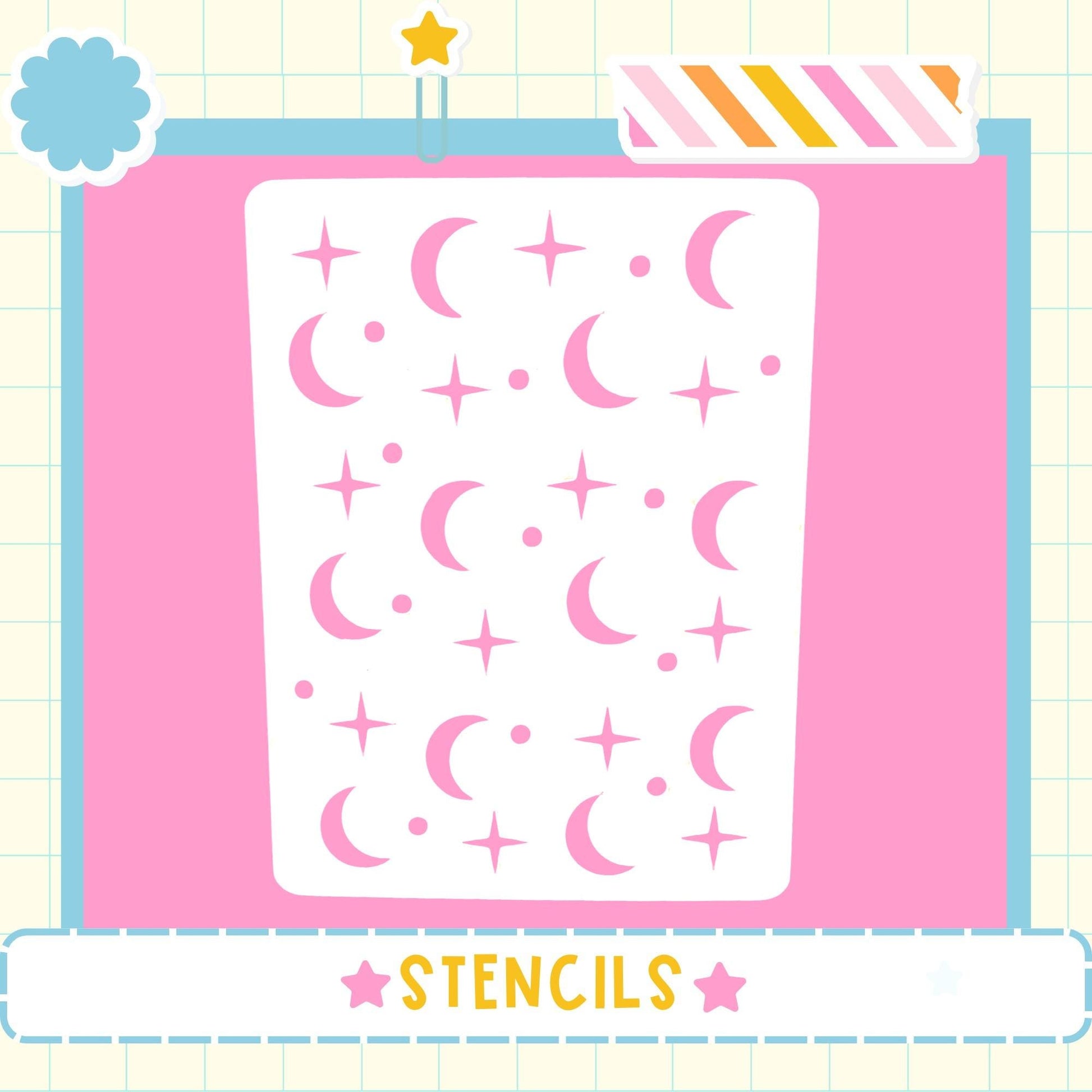 a pink background with a white stencil containing a pattern of pink crescent moons and stars.