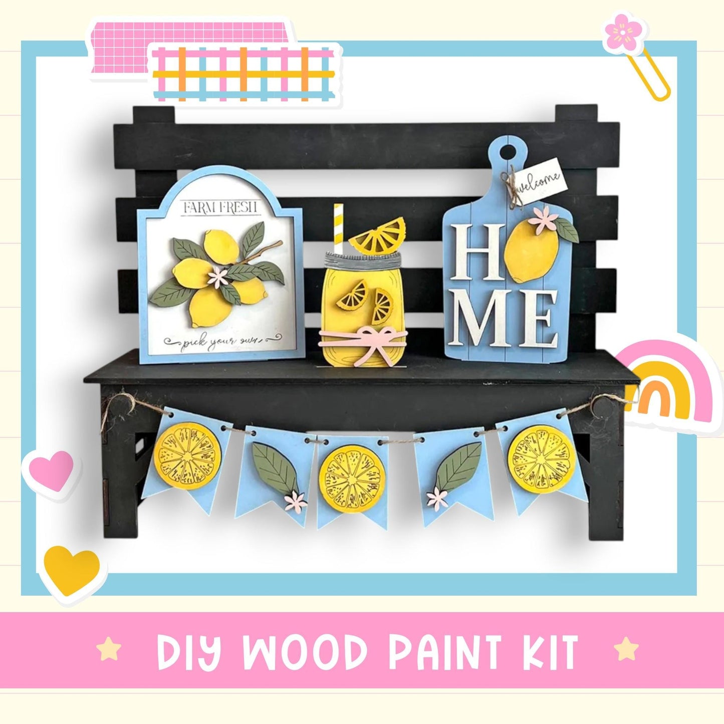 a picture of a wooden bench with lemons on it