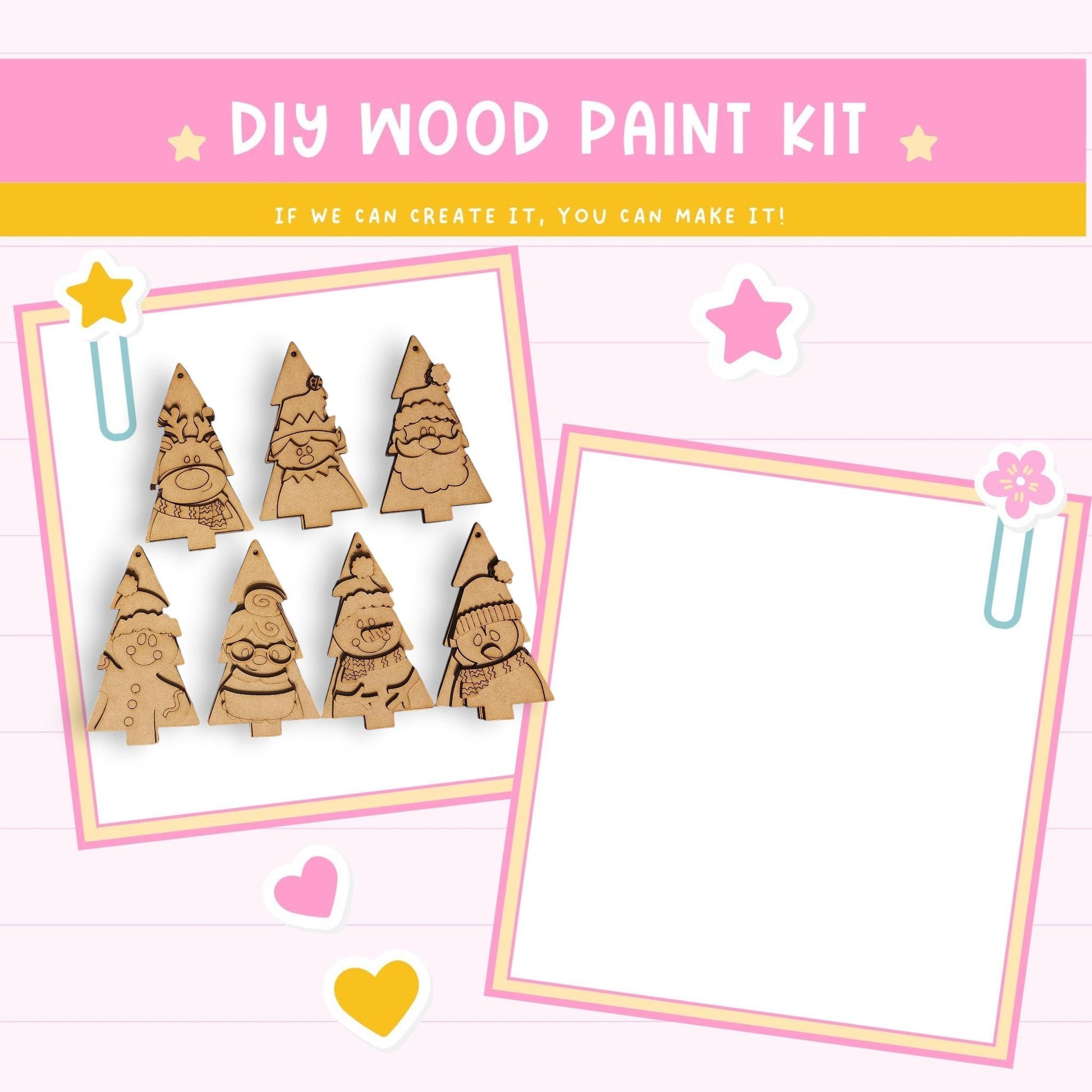 The image is a DIY wood paint kit advertisement, featuring a pink background with a white border. The kit includes wooden Christmas trees and a blank white frame, suggesting it can be used to create personalized ornaments. The text "DIY WOOD PAINT KIT" is prominently displayed, along with a motivational message encouraging creativity and the ability to make one's own ornaments.
