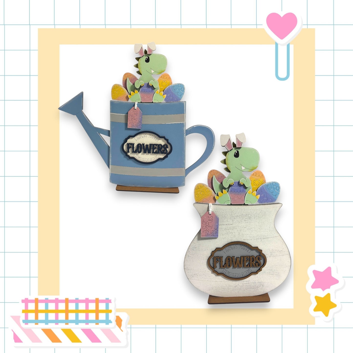 two wooden planters, each containing a small green dinosaur figurine. The planter on the left is blue and labeled "FLOWERS", while the planter on the right is white and labeled "FLOWERS". The planters are placed against a background with a grid pattern, and there are additional decorative elements such as a heart, a star, and a flower-shaped object.