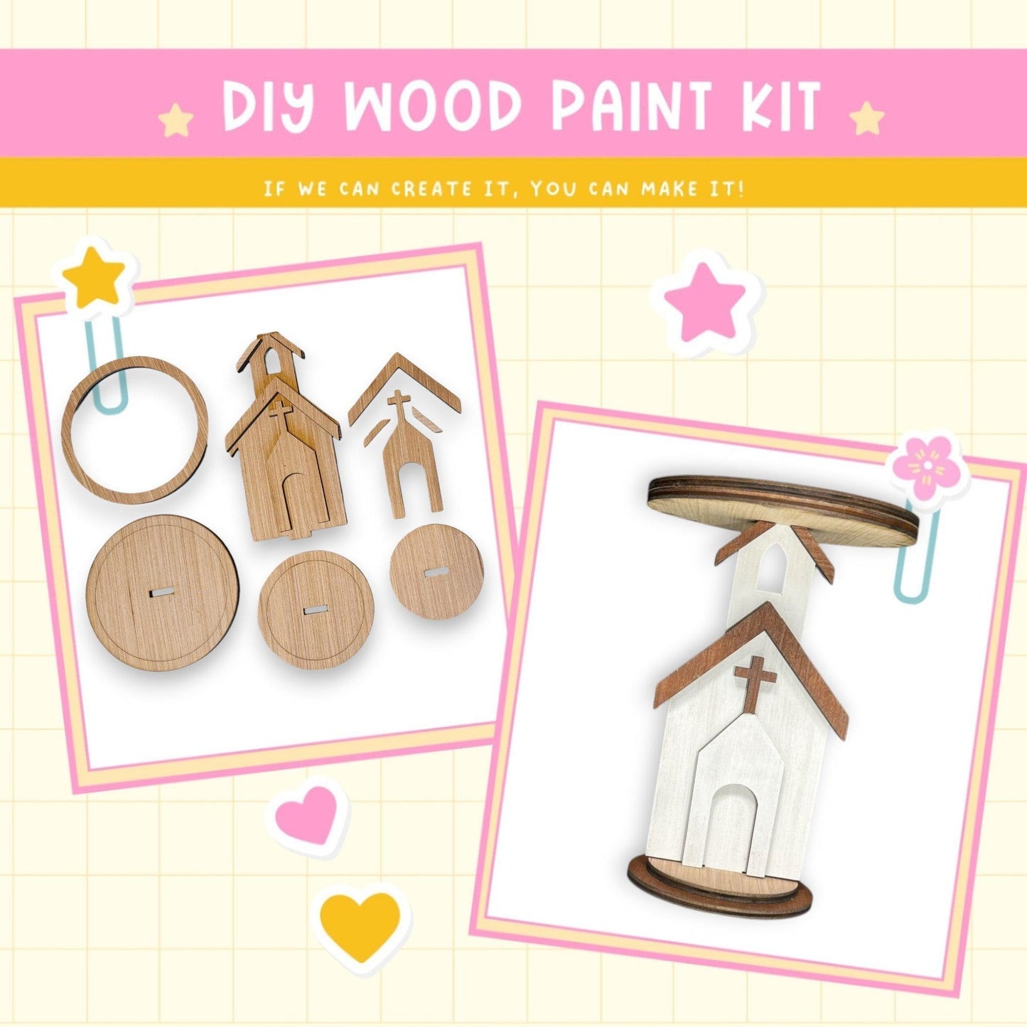 a picture of a wooden craft kit with a picture of a church