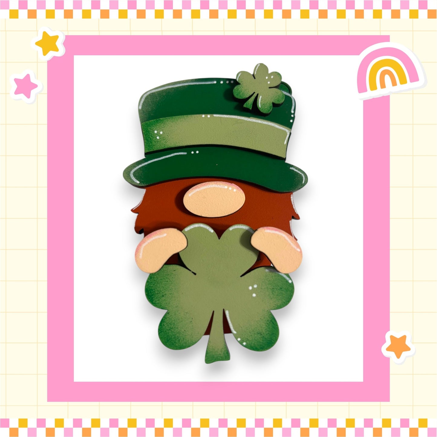 A cartoon-style illustration of a smiling gnome wearing a green hat and holding a four-leaf clover.