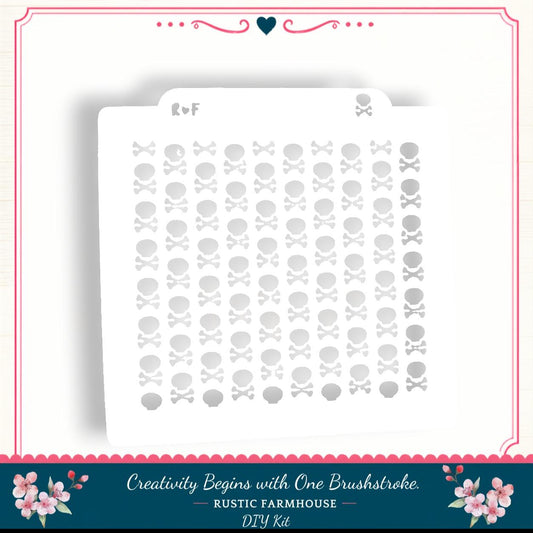 The image is a white stencil with a repeating pattern of skull and crossbones shapes.