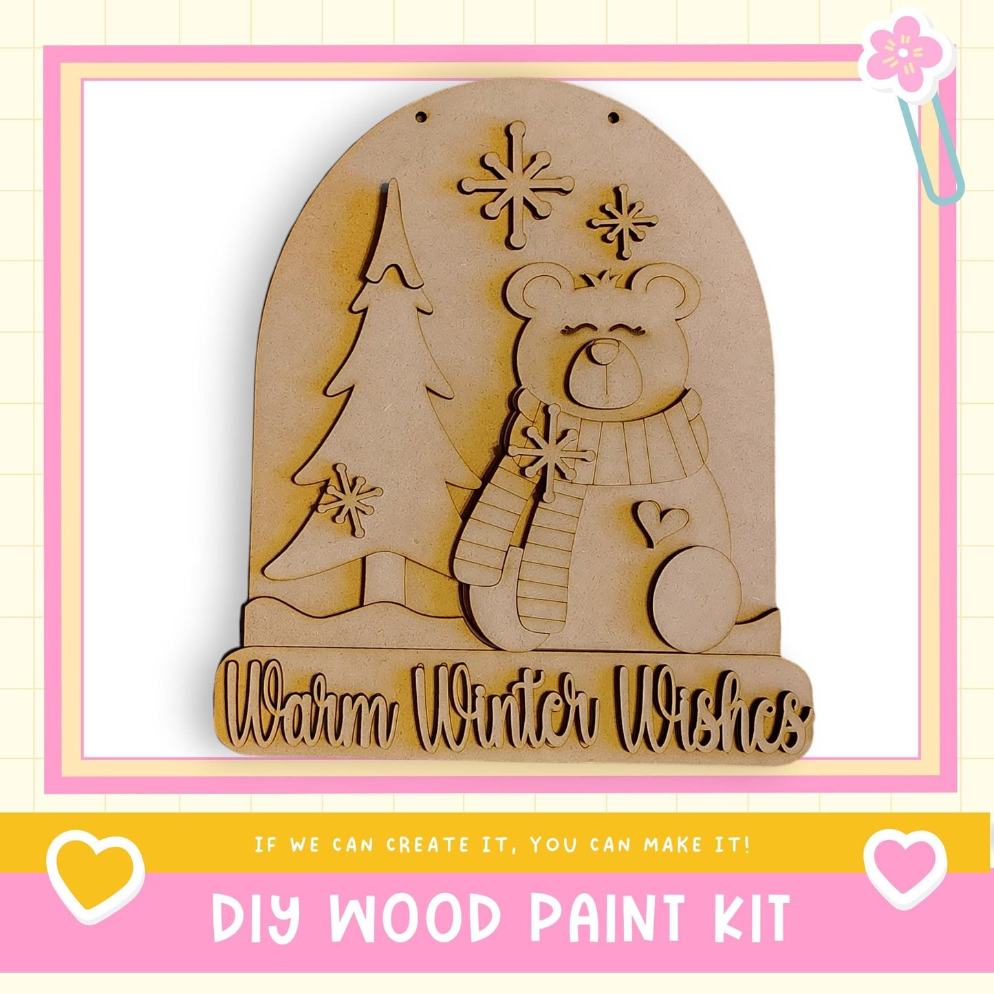 a DIY wood paint kit for creating a wooden snow globe with a bear and snowflakes.