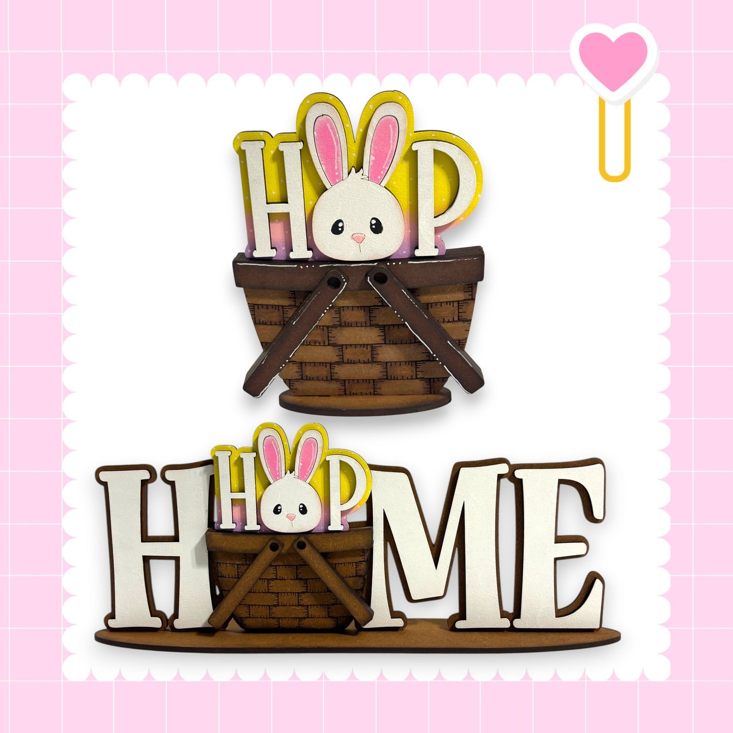 a wooden basket with a bunny inside, and the word "HOP" written on it.