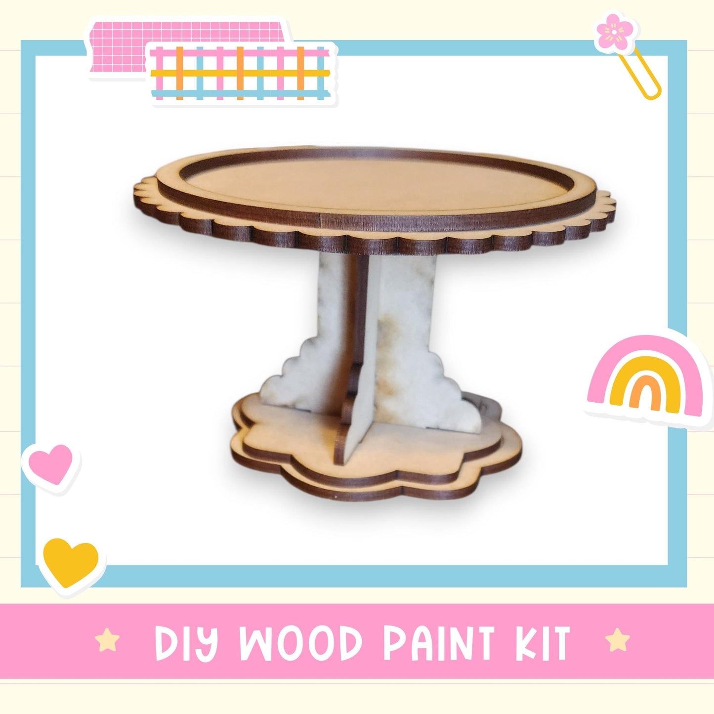 a DIY wood paint kit, with a wooden cake stand and a heart-shaped base.
