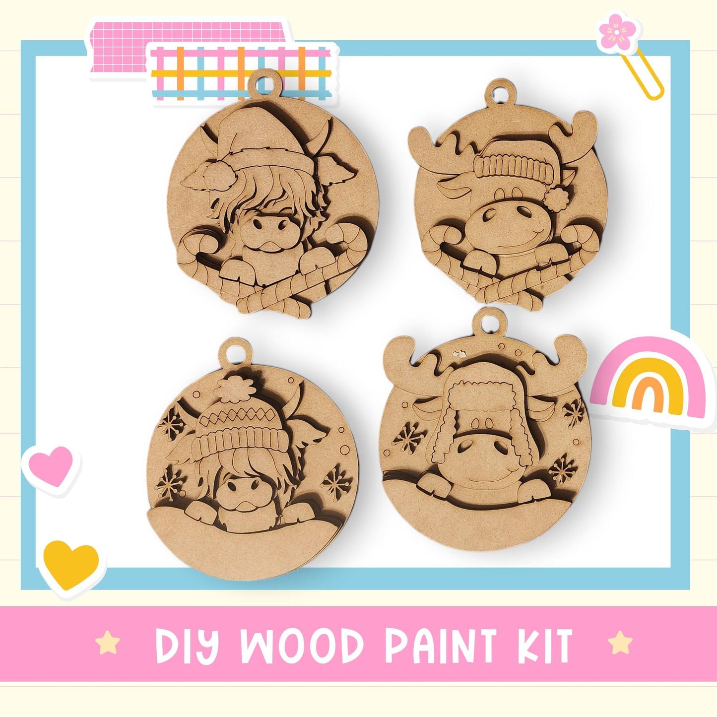 a DIY wood paint kit with four wooden ornaments, each depicting a different animal, including a moose, a unicorn, a bear, and a rabbit.