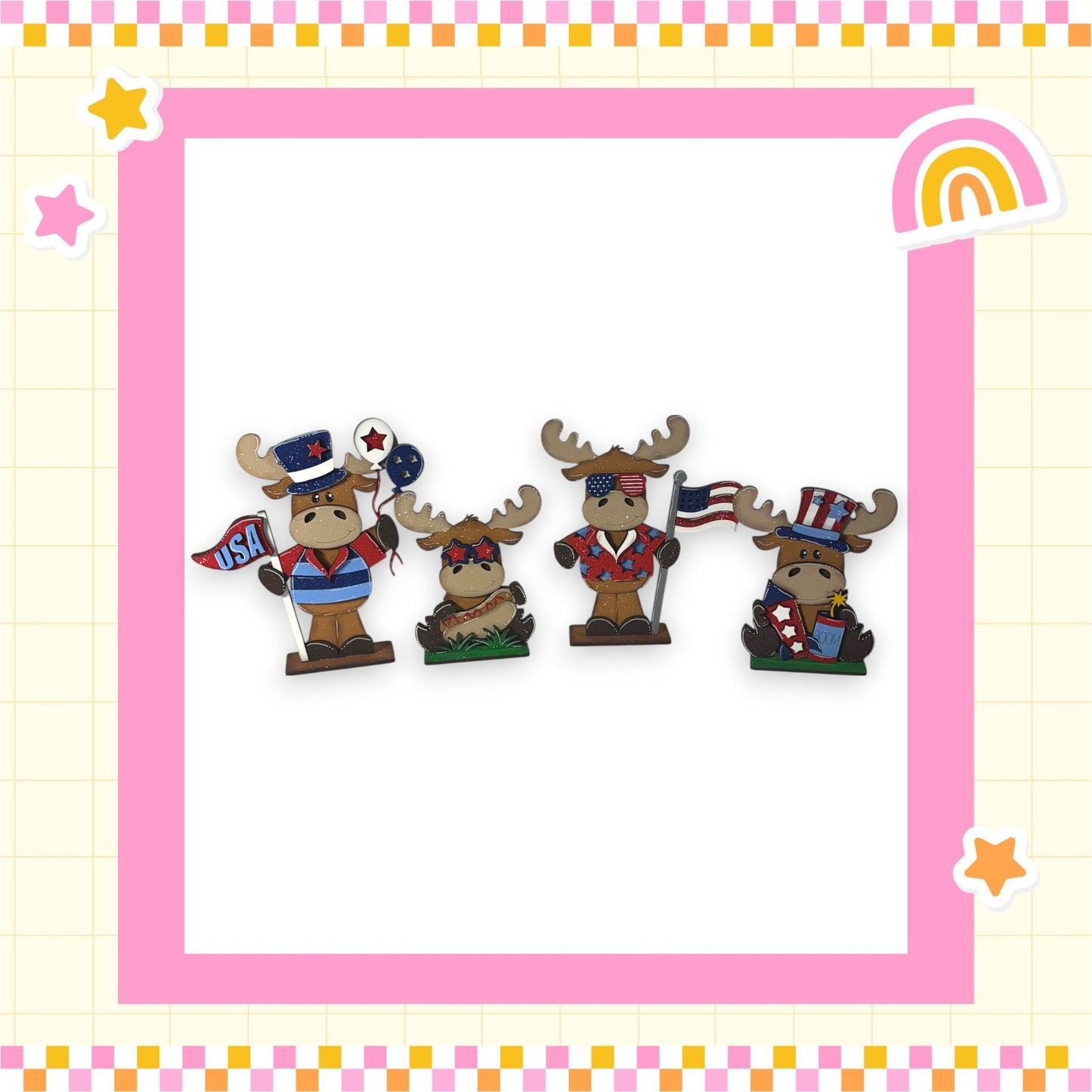 A group of cartoon moose wearing patriotic attire, including American flags and other symbols, are arranged in a row within a pink and yellow checkered border.