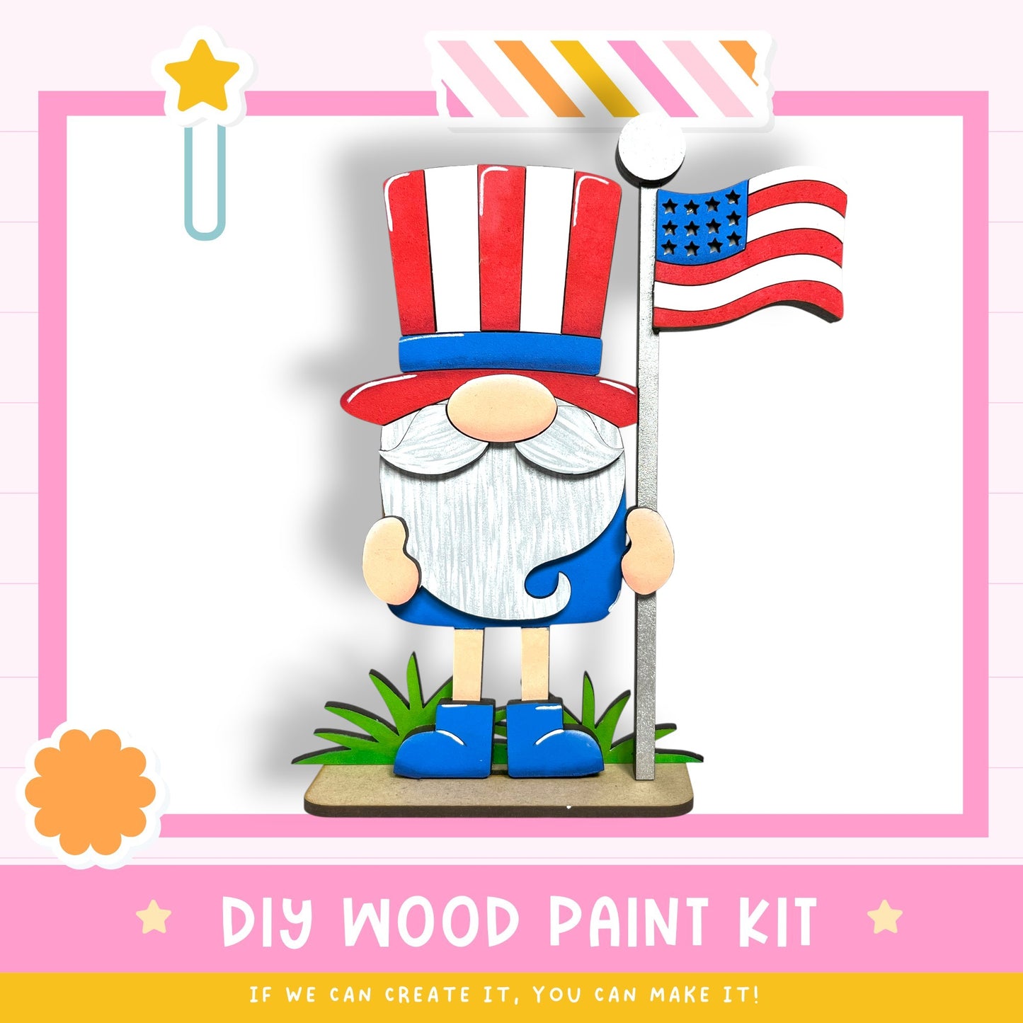 a wooden gnome wearing a red, white, and blue hat and holding an American flag, with a DIY wood paint kit and the text "DIY WOOD PAINT KIT" displayed.