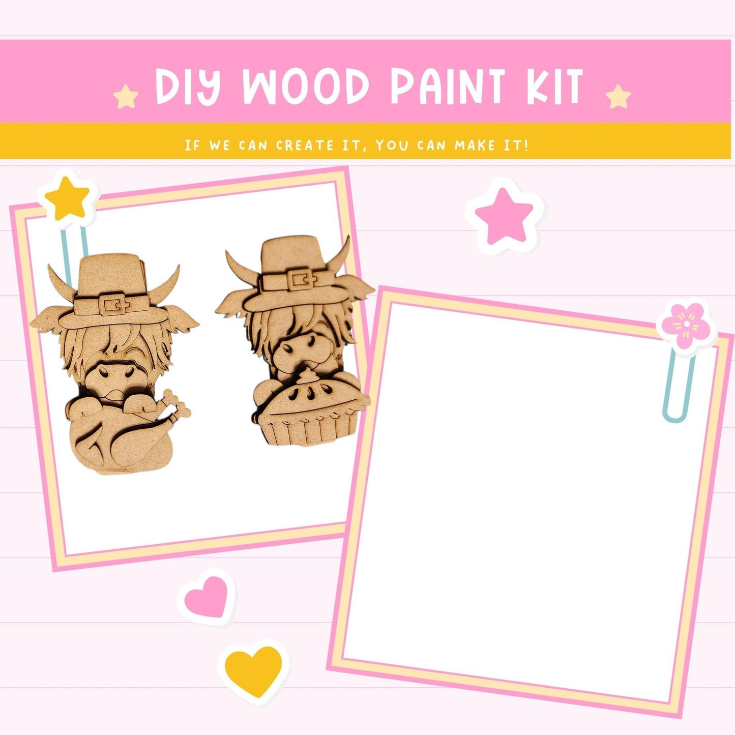 The image is a DIY wood paint kit featuring two wooden characters, likely representing a boy and a girl, with a blank space for painting. The kit appears to be designed for children, with a playful and creative theme.