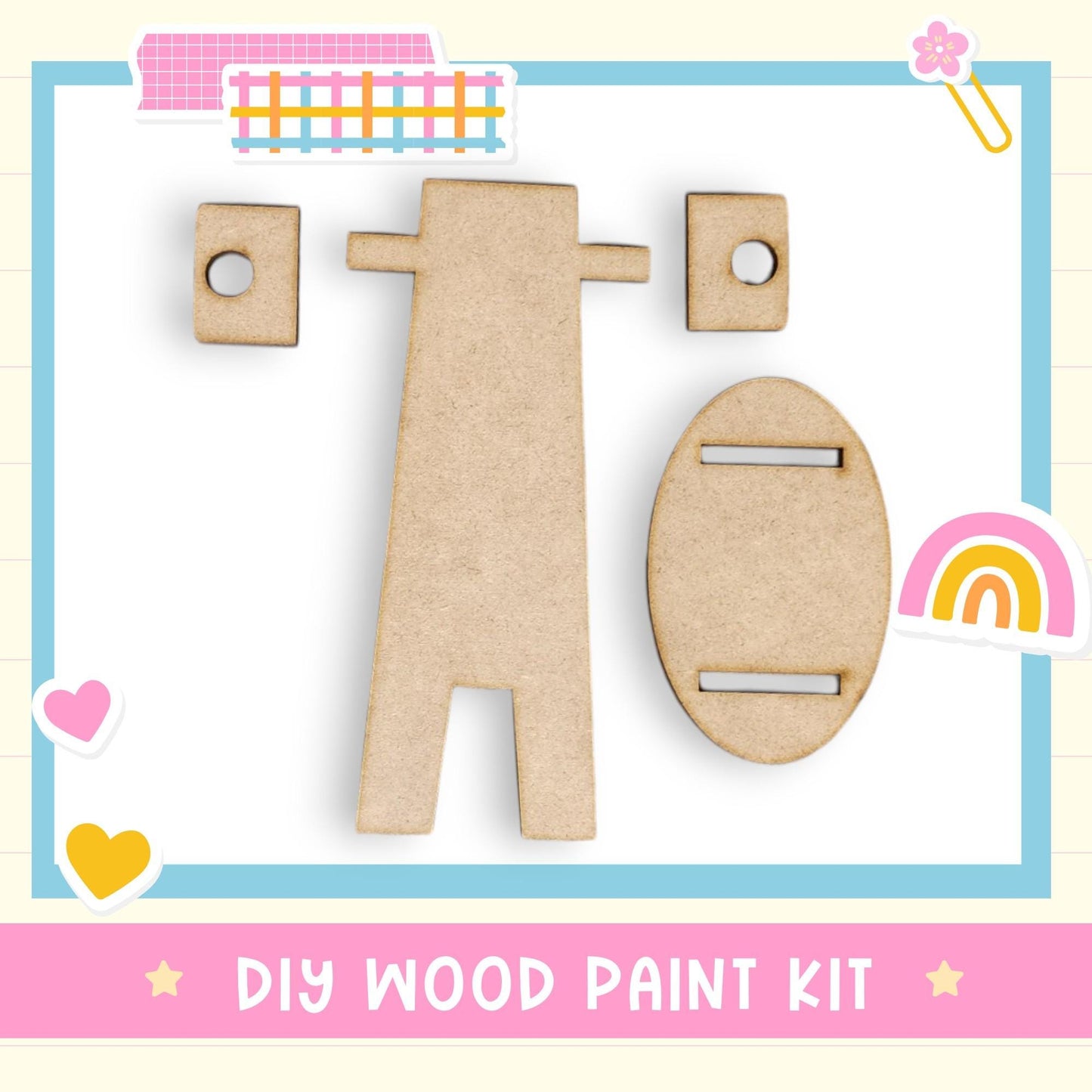 The image is a DIY wood paint kit, featuring various wooden shapes and a heart-shaped object.