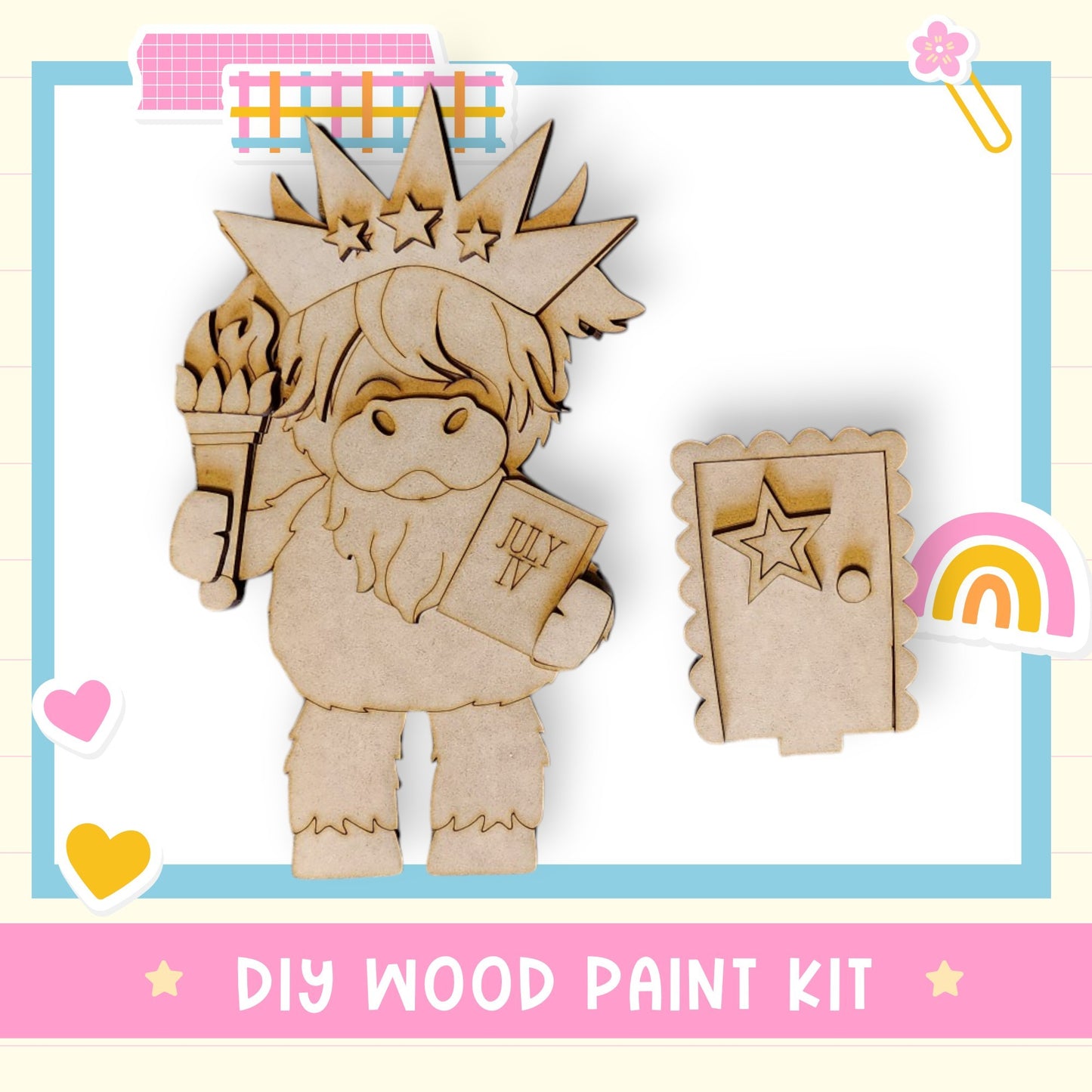 a DIY wood paint kit, including a wooden figure holding a book and a star-shaped object, set against a background with various colorful stickers.
