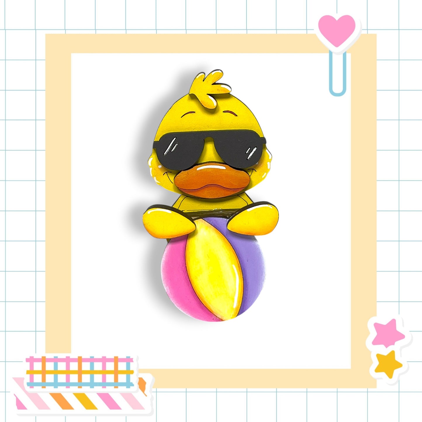 A yellow duck wearing sunglasses and holding a yellow ball is the main focus of the image, which is set against a background of a grid pattern.