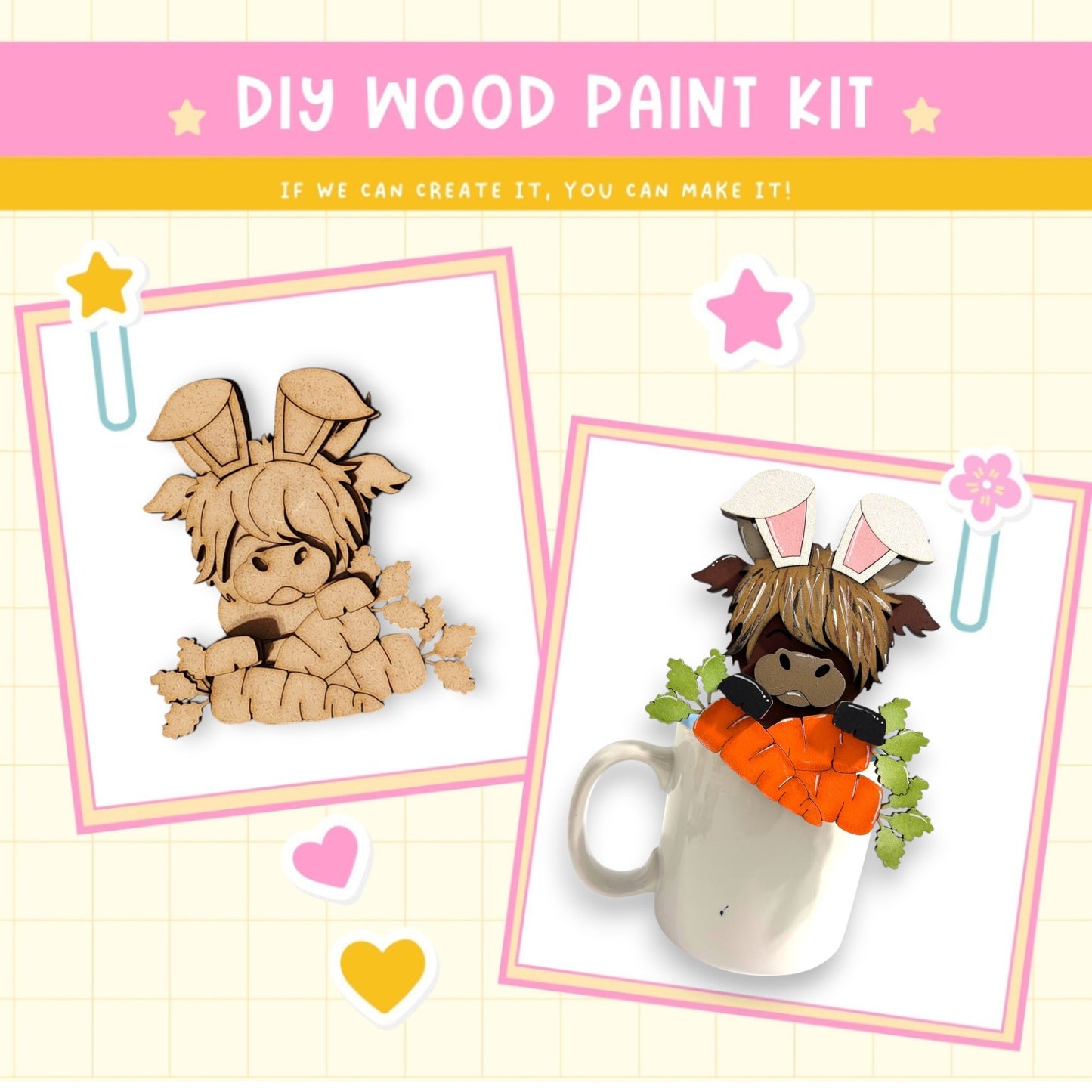 The image is a collage featuring two wooden rabbit figures, one in a brown color and the other in a white color, along with a white mug and some decorative elements.