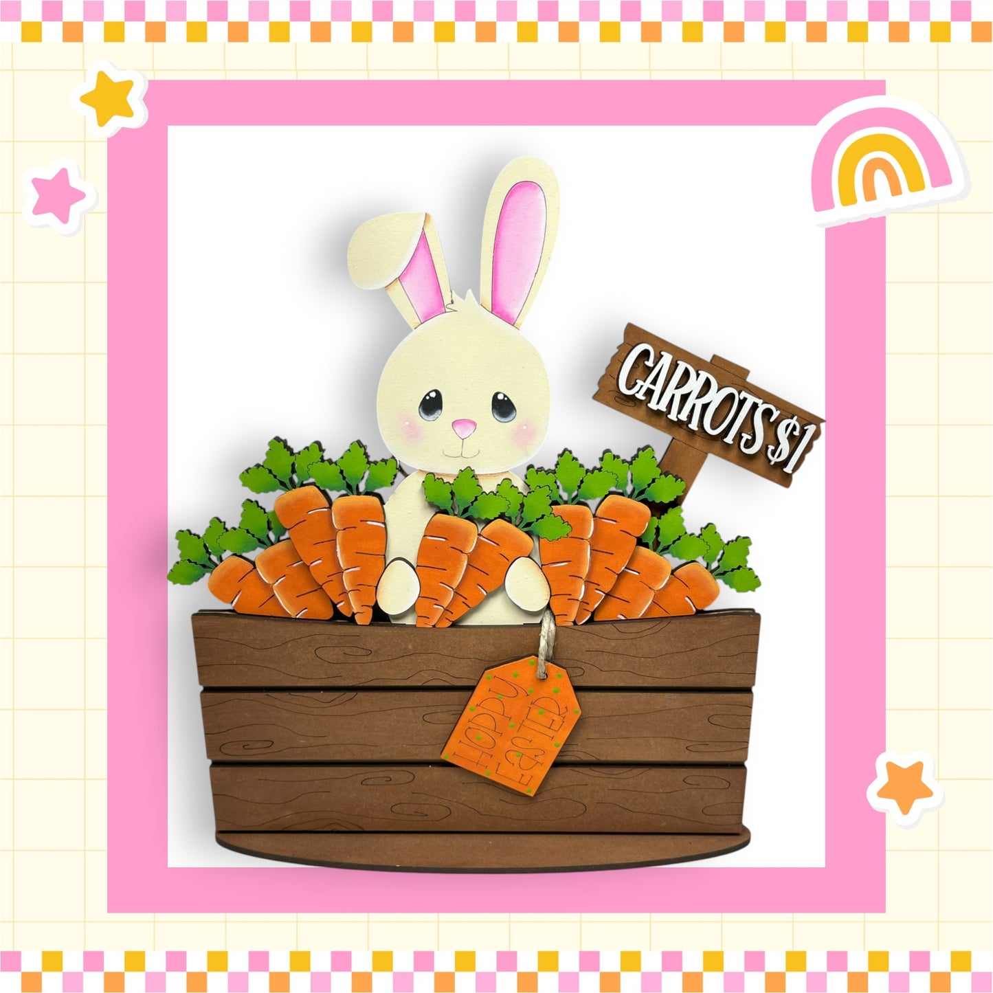 a card with a rabbit sitting in a basket of carrots