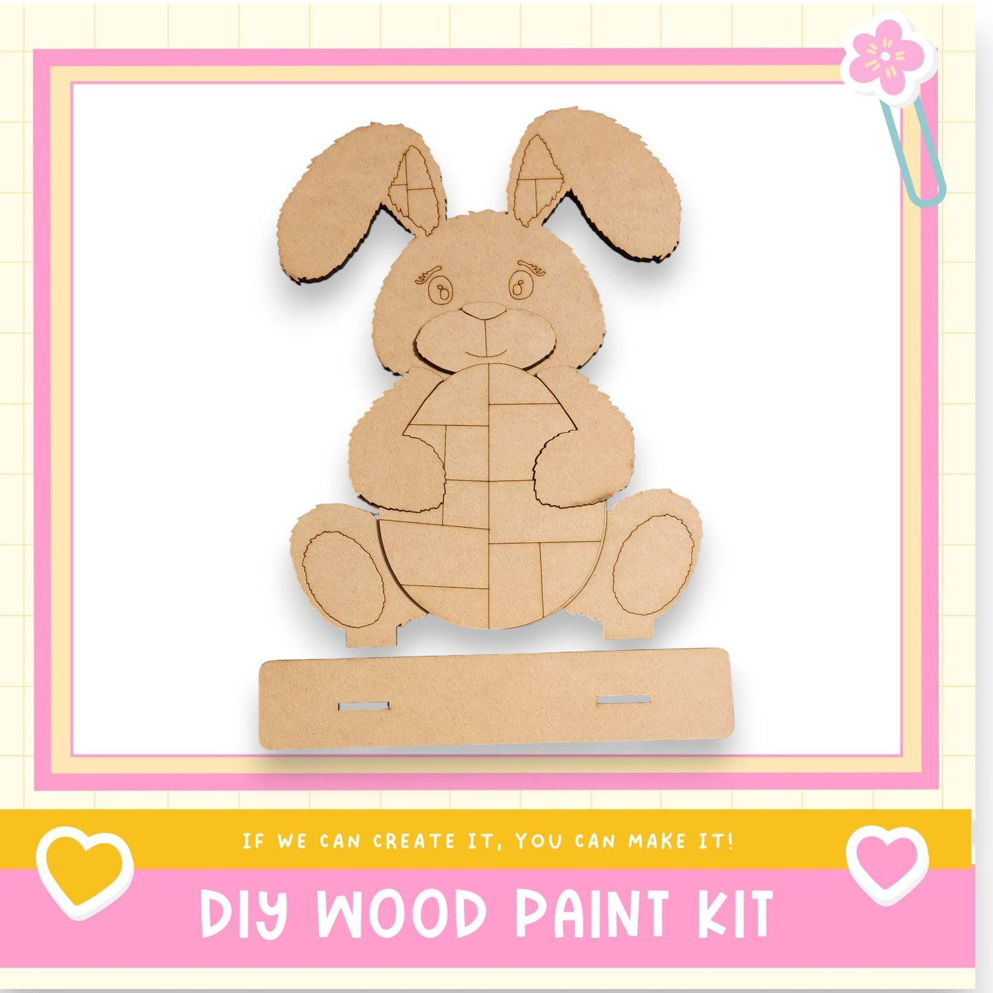 a DIY wood paint kit, with a cute bunny-shaped figure made of cardboard as the main focus.
