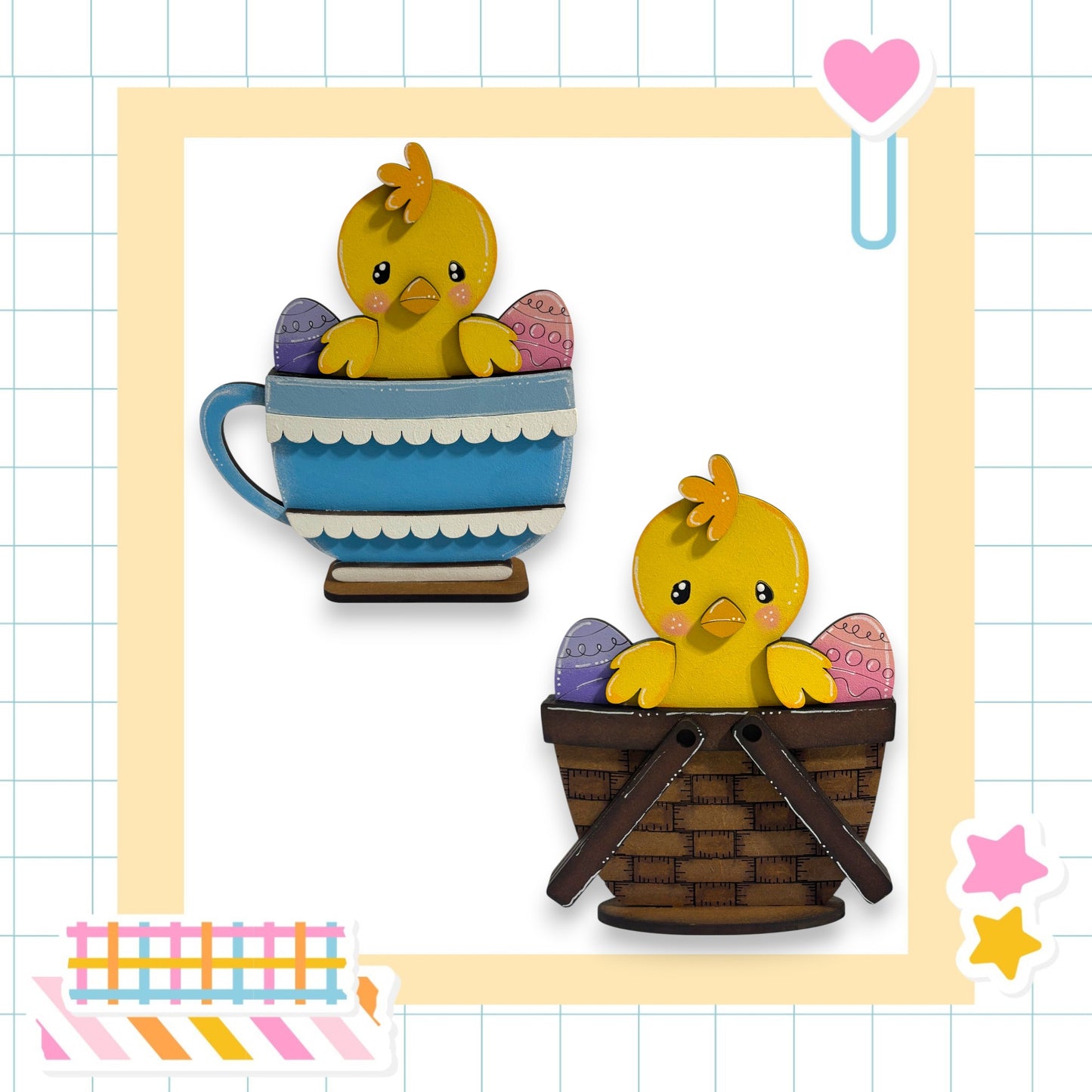 two cute yellow chicks sitting in various baskets, including a blue cup and a brown basket.