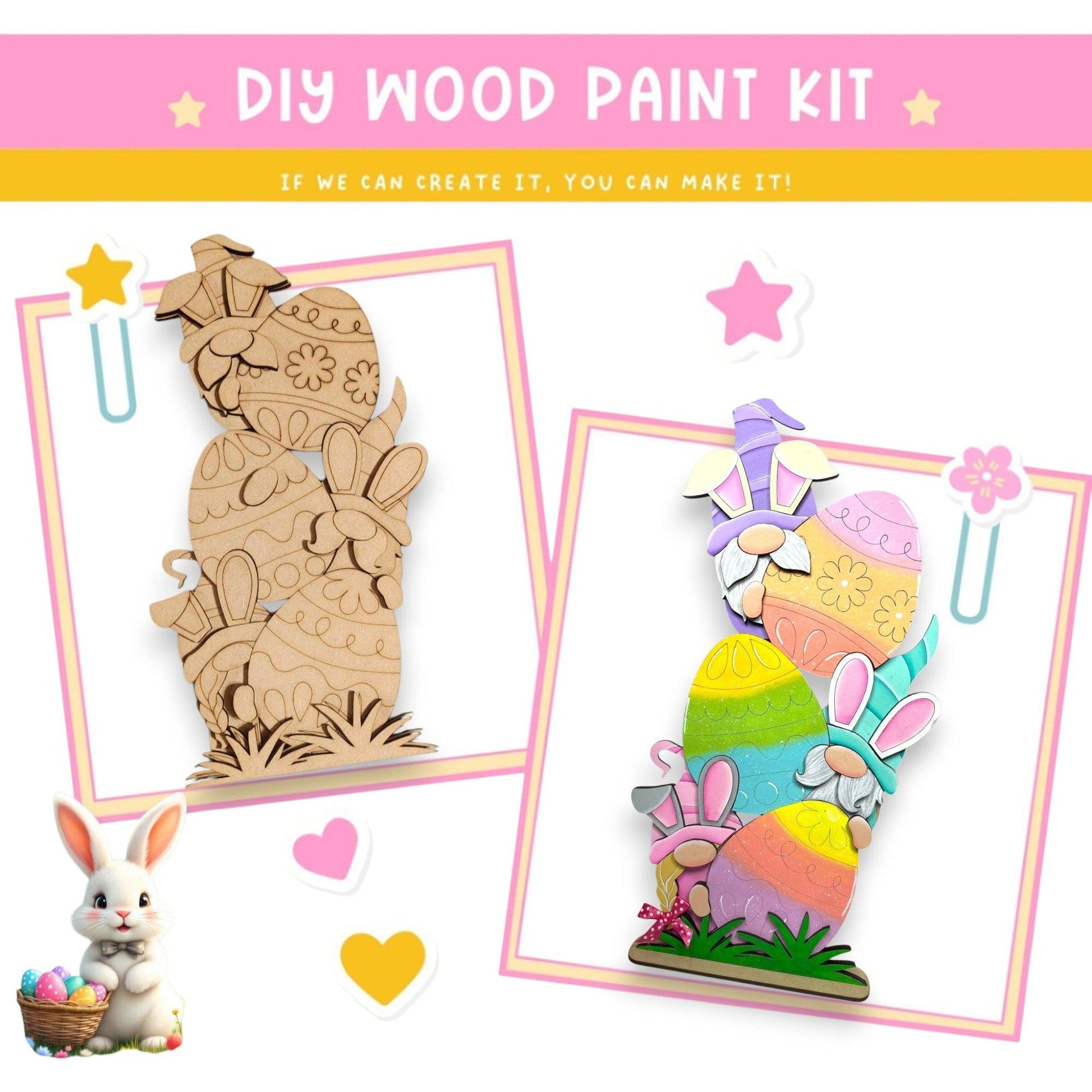 a wooden craft kit with a bunny and a basket of eggs