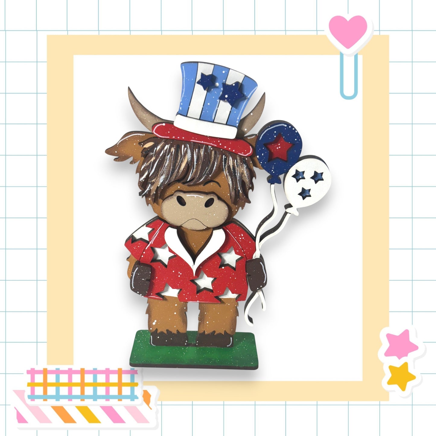 A cartoon cow wearing a top hat and holding balloons is depicted in the image.