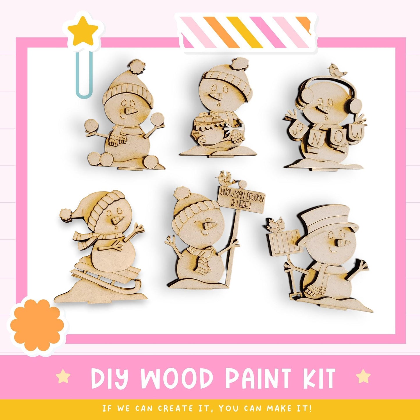The image is a DIY wood paint kit featuring six wooden snowmen in various poses, including one holding a sign.