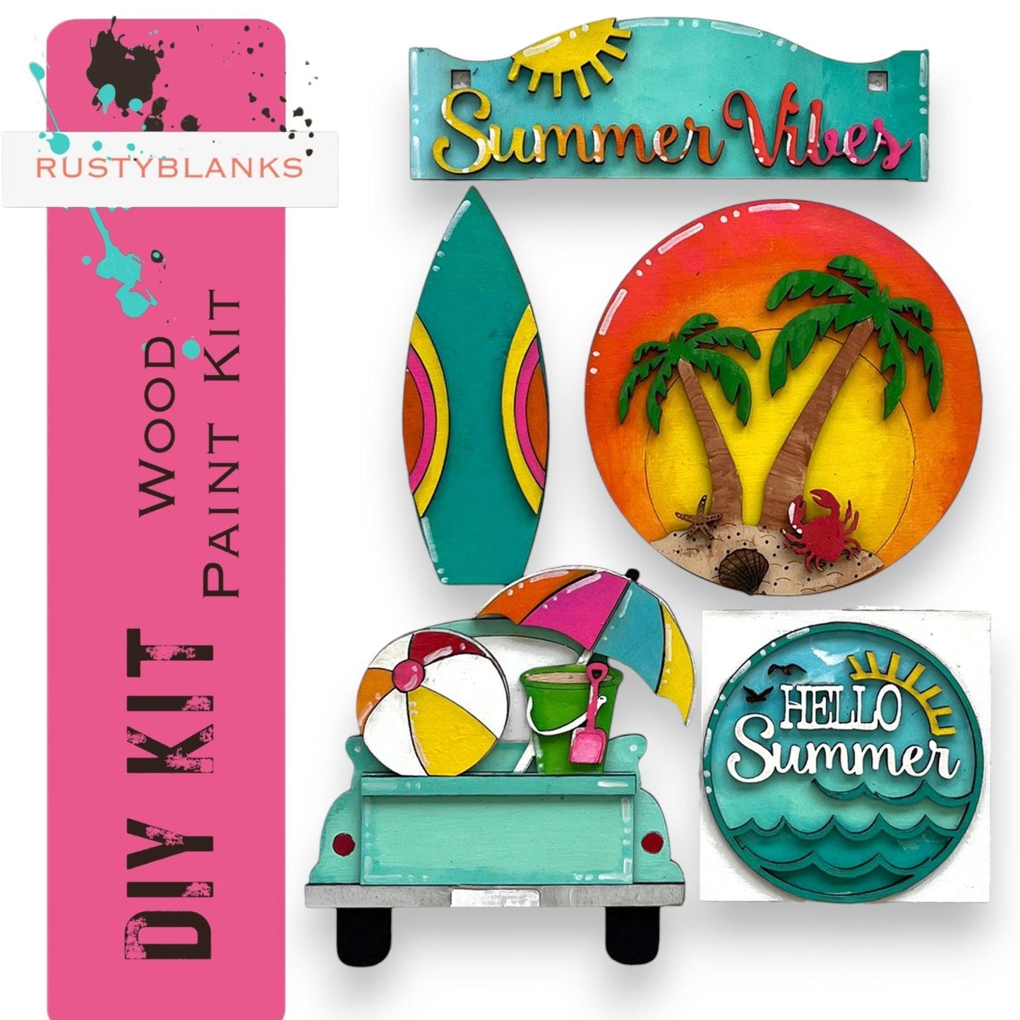 a collage of various items that include a surfboard, palm trees, and