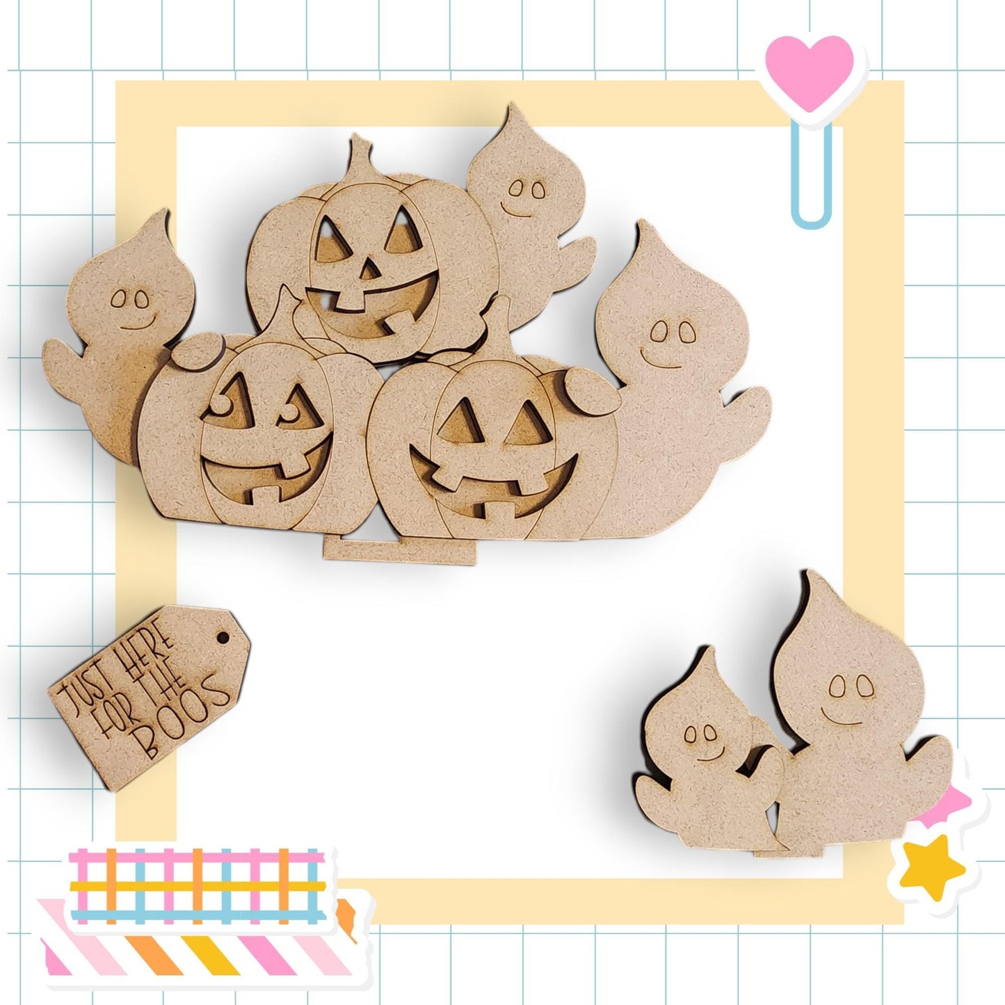 Halloween-themed wooden cutouts, including jack-o-lanterns and ghostly figures, arranged in a playful and festive manner.