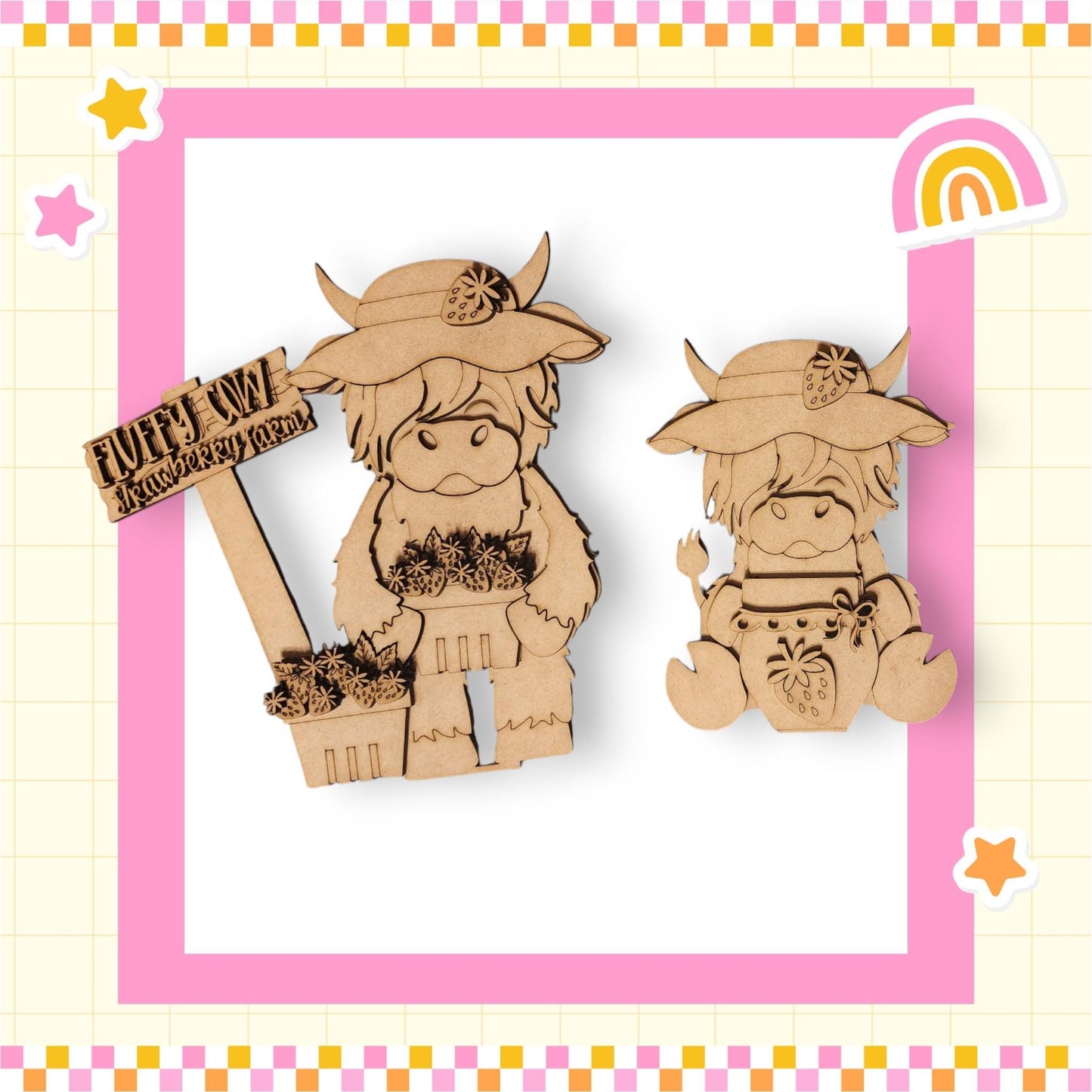 a wooden cutout of a cow and a cow holding a sign