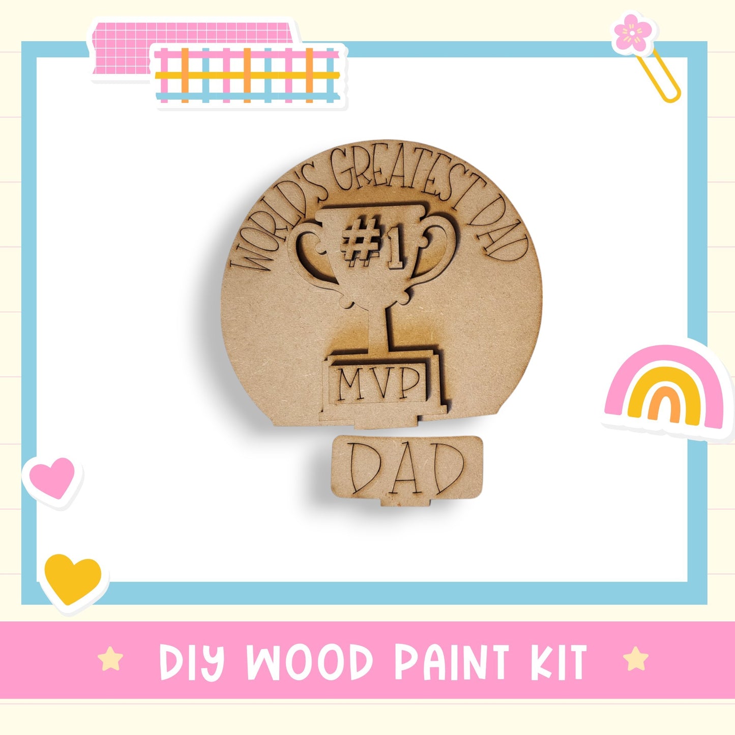 a wooden craft kit with a picture of a cup and a rainbow
