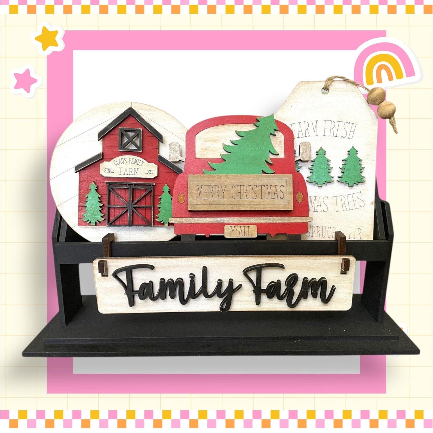 a family farm sign is displayed on a shelf
