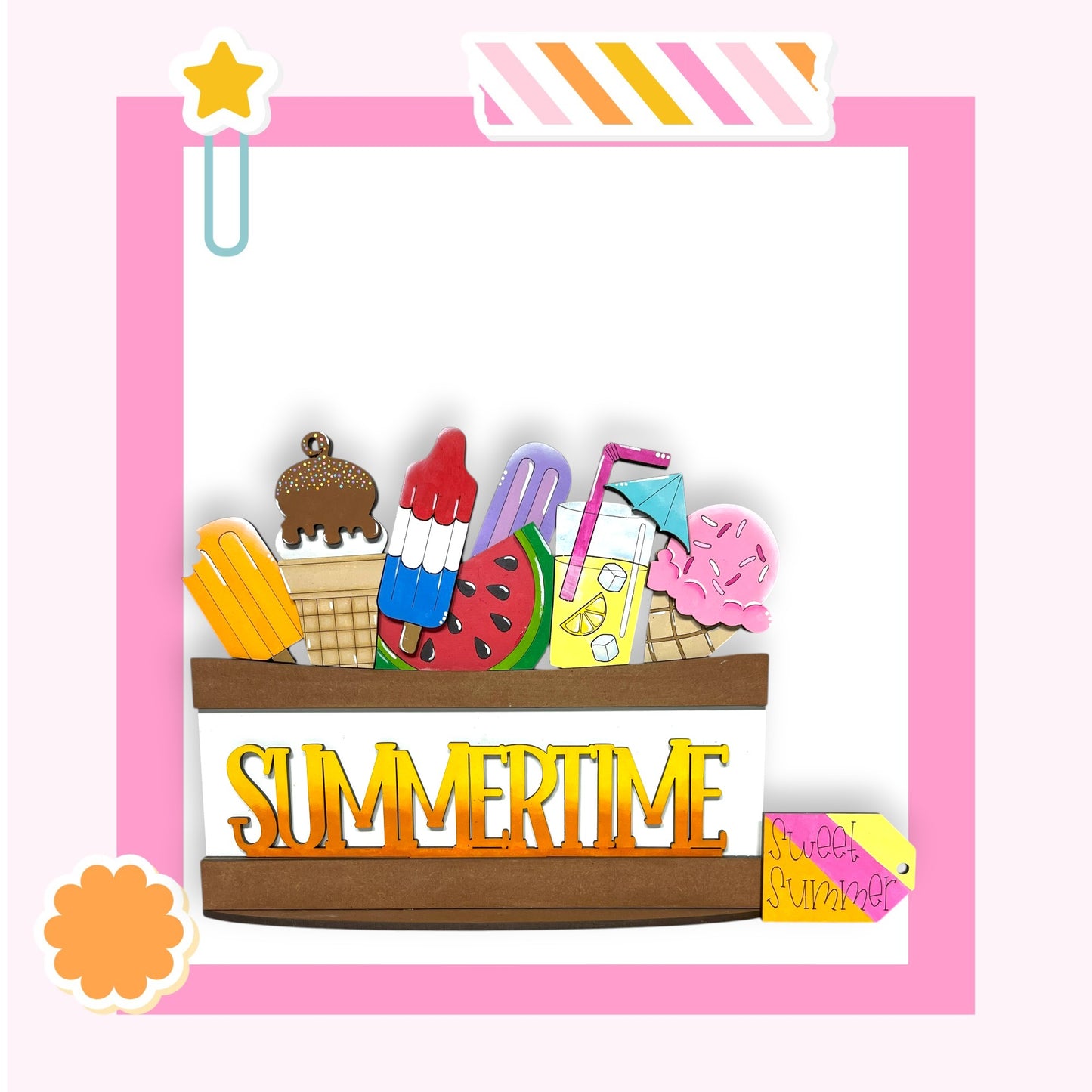 A colorful illustration of a summertime scene, featuring a wooden basket filled with various summer-themed items such as popsicles, ice cream, and a lemonade pitcher.