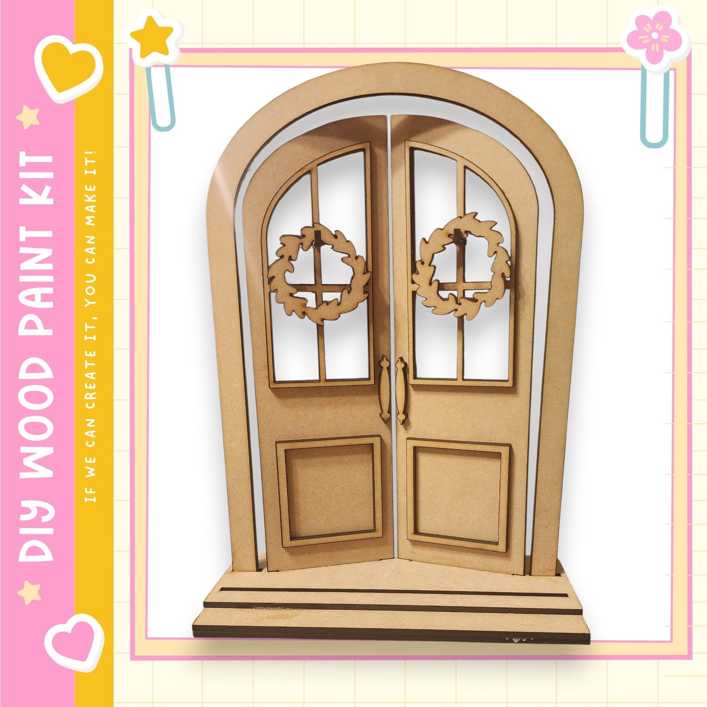 a wooden door with wreaths on either side, set within a decorative frame.