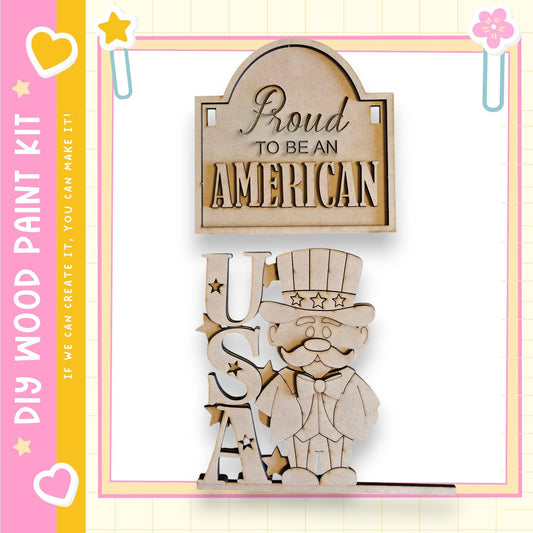 a wooden sign with the text "Proud to be an American" and a wooden figure wearing a top hat and waving a flag.