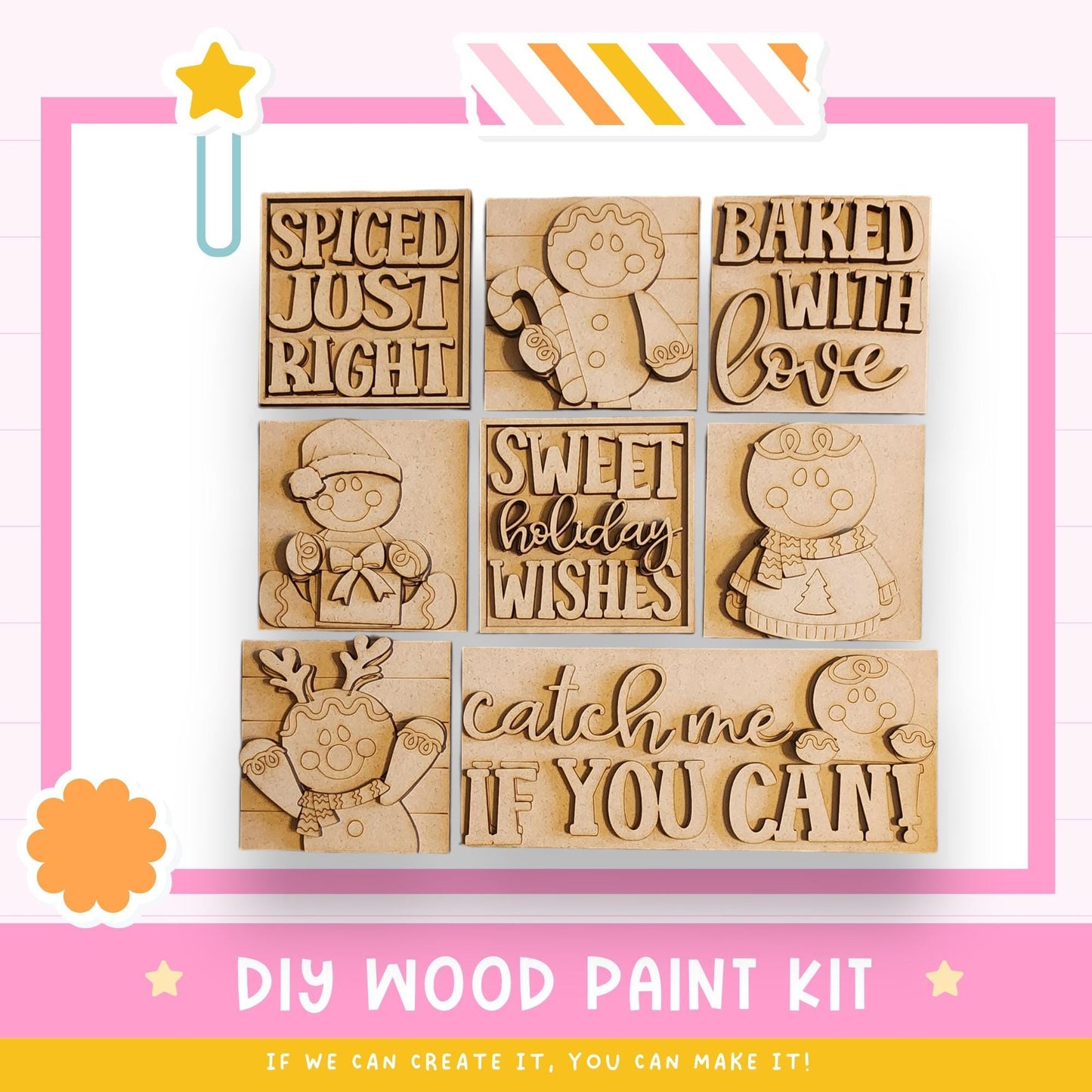 The image is a DIY wood paint kit featuring various wooden shapes and characters, including a star, a gingerbread man, and a cat.
