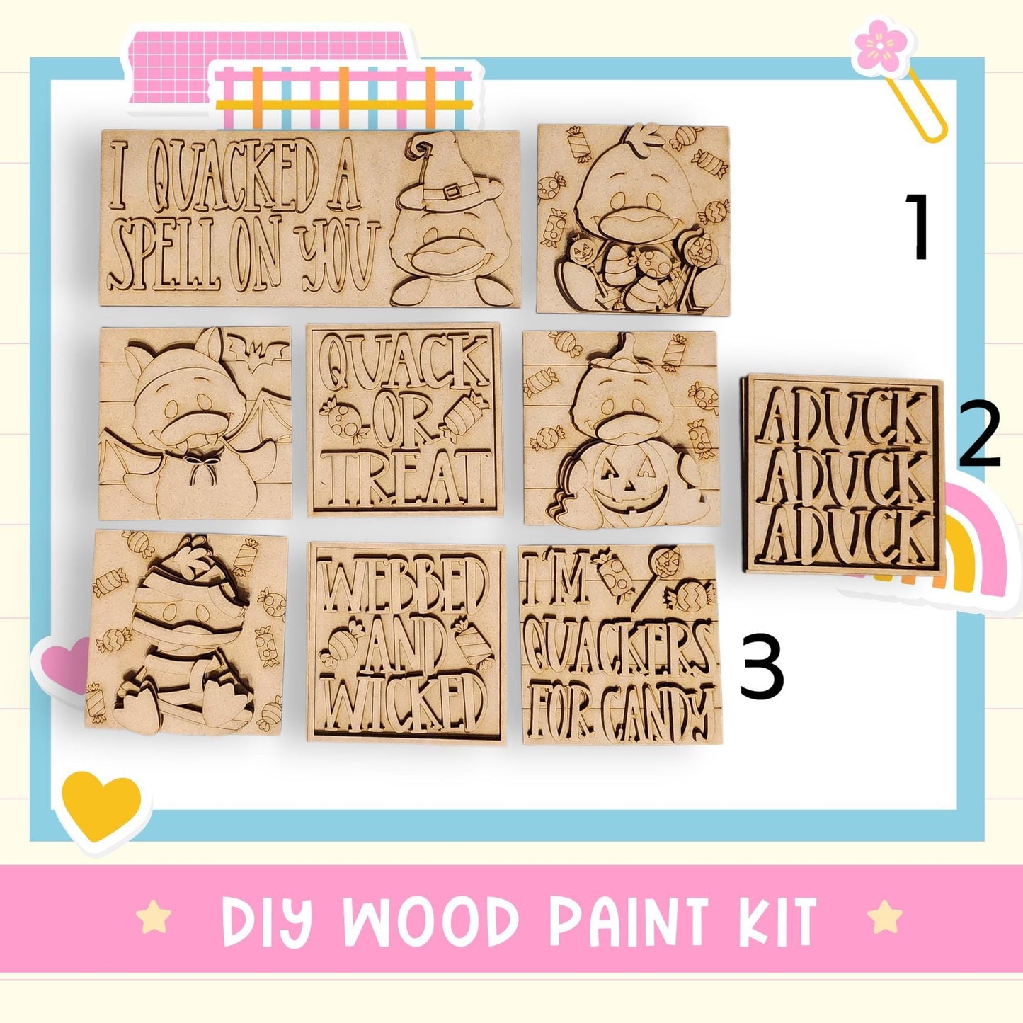 The image is a DIY wood paint kit featuring various carved wooden shapes with text and illustrations related to Halloween and candy themes.
