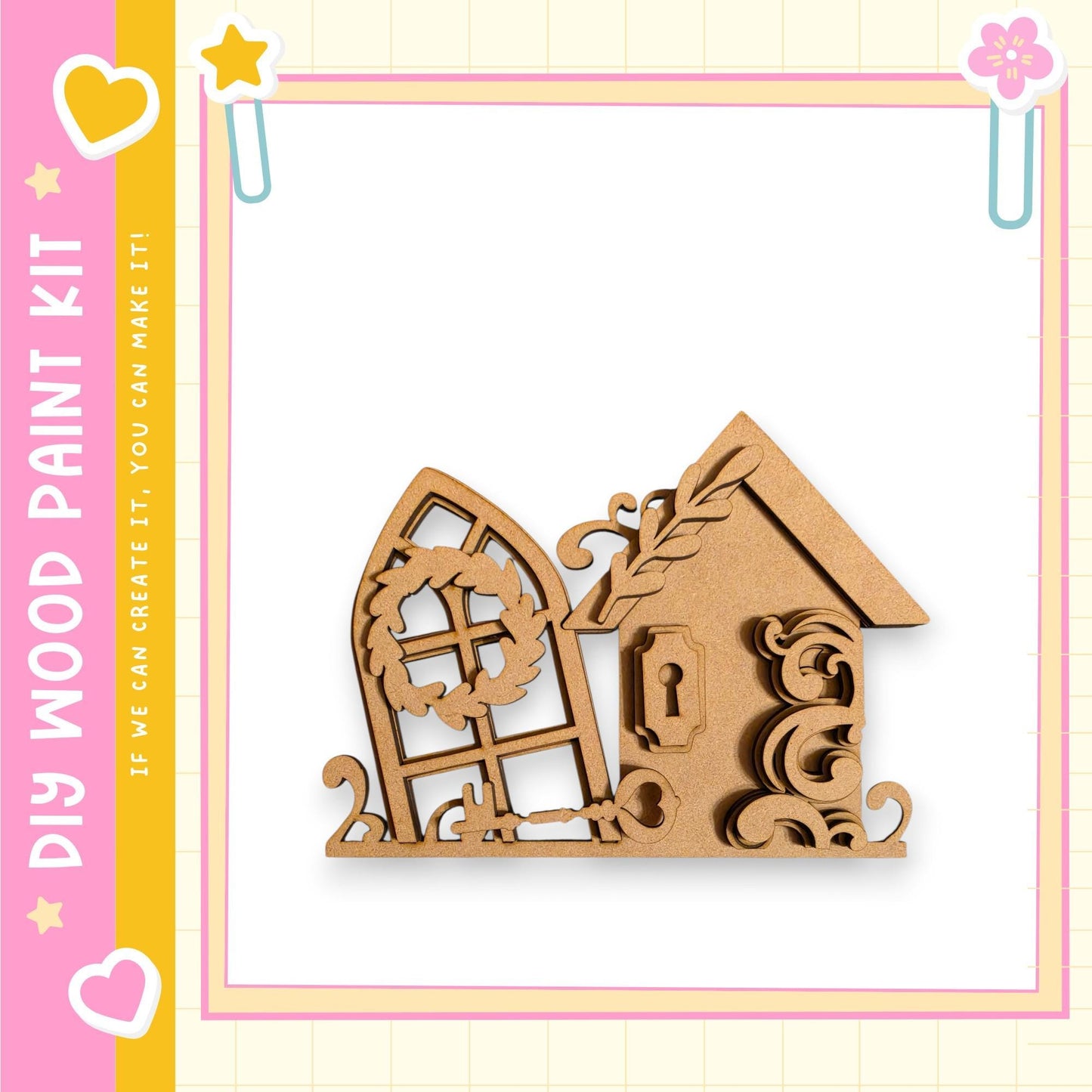 A wooden house-shaped object with intricate carvings and decorations, displayed against a white background.