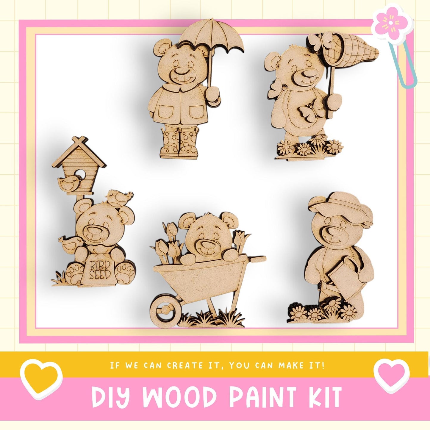 a DIY wood paint kit with various wooden animal figurines, including bears, birds, and a wagon, as well as an umbrella and a flower.