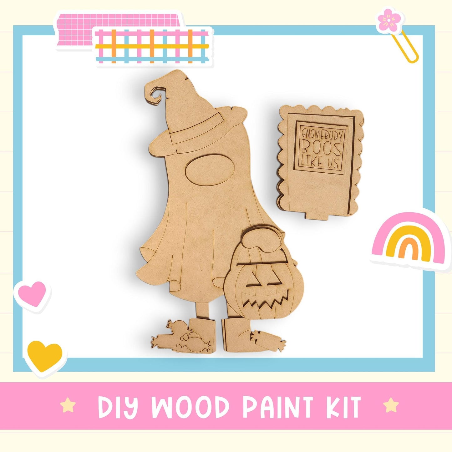 a DIY wood paint kit for creating a Halloween-themed ghost. The kit includes a wooden ghost figure, a Halloween-themed envelope, and a Halloween-themed paper.