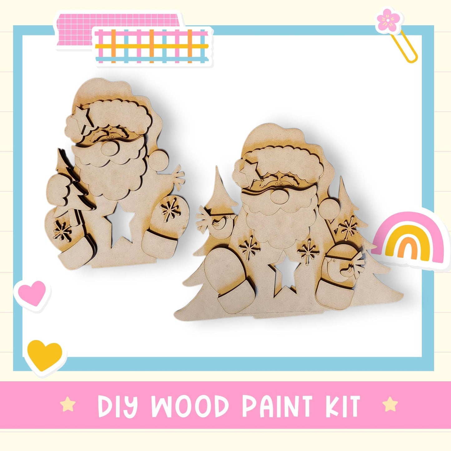 two wooden Santa Claus figures, one standing and one sitting, along with a DIY wood paint kit and various decorative elements such as hearts and a rainbow.