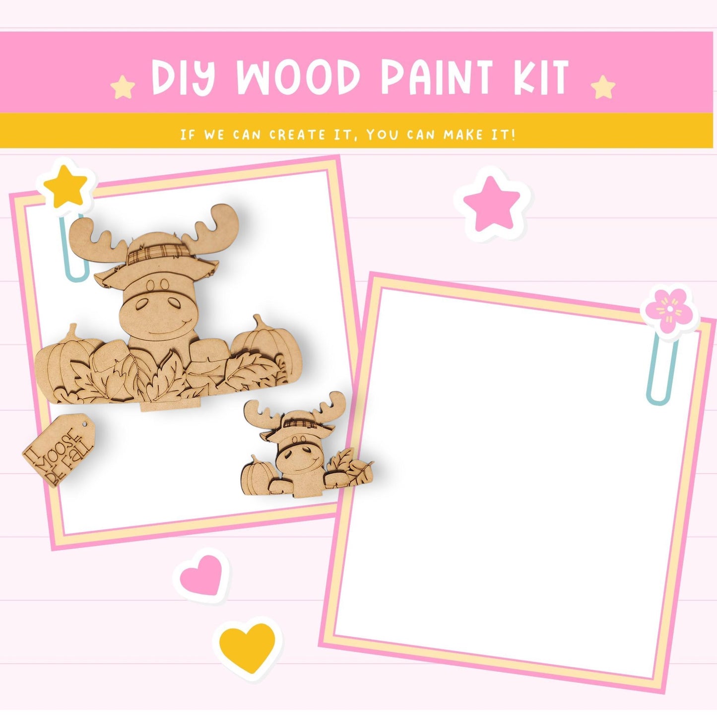The image is a DIY wood paint kit advertisement featuring a moose and a pumpkin, along with a blank space for creating custom designs.