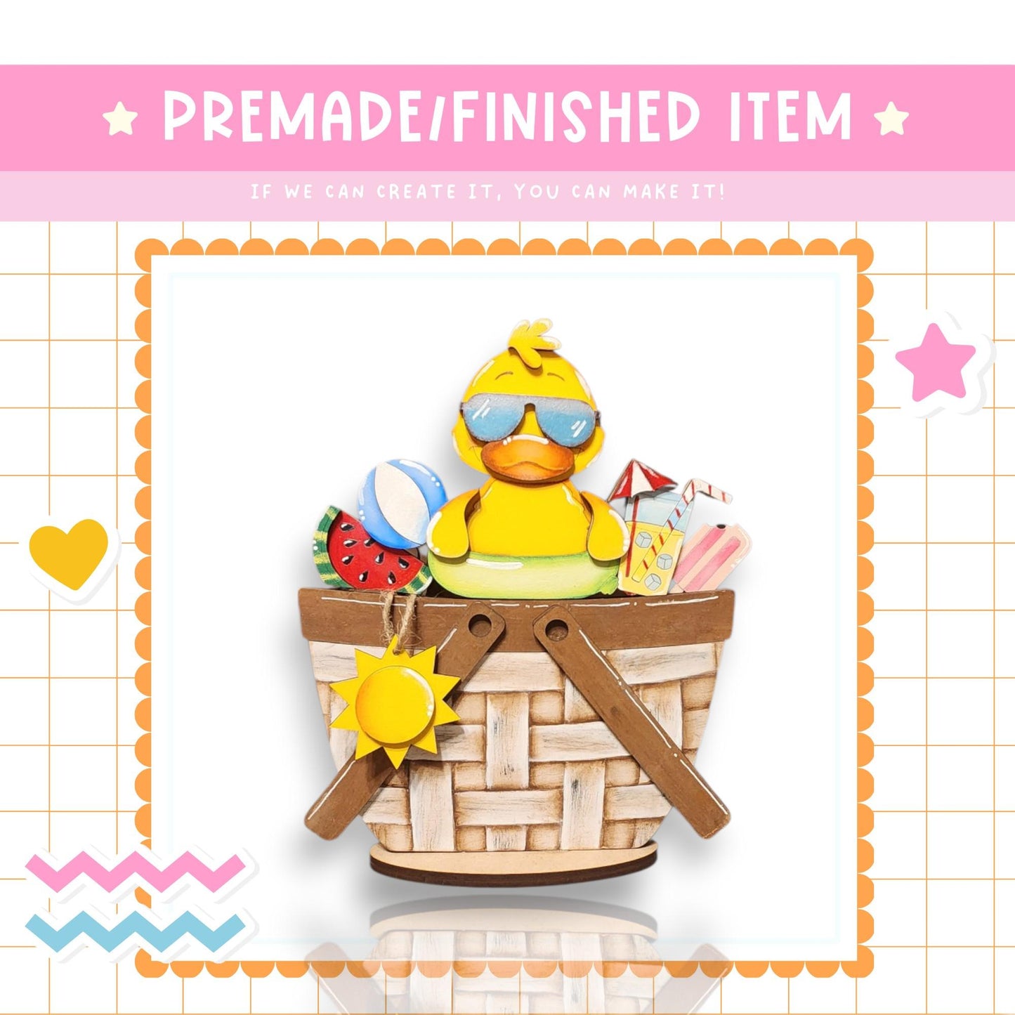 a rubber ducky in a basket with sun glasses