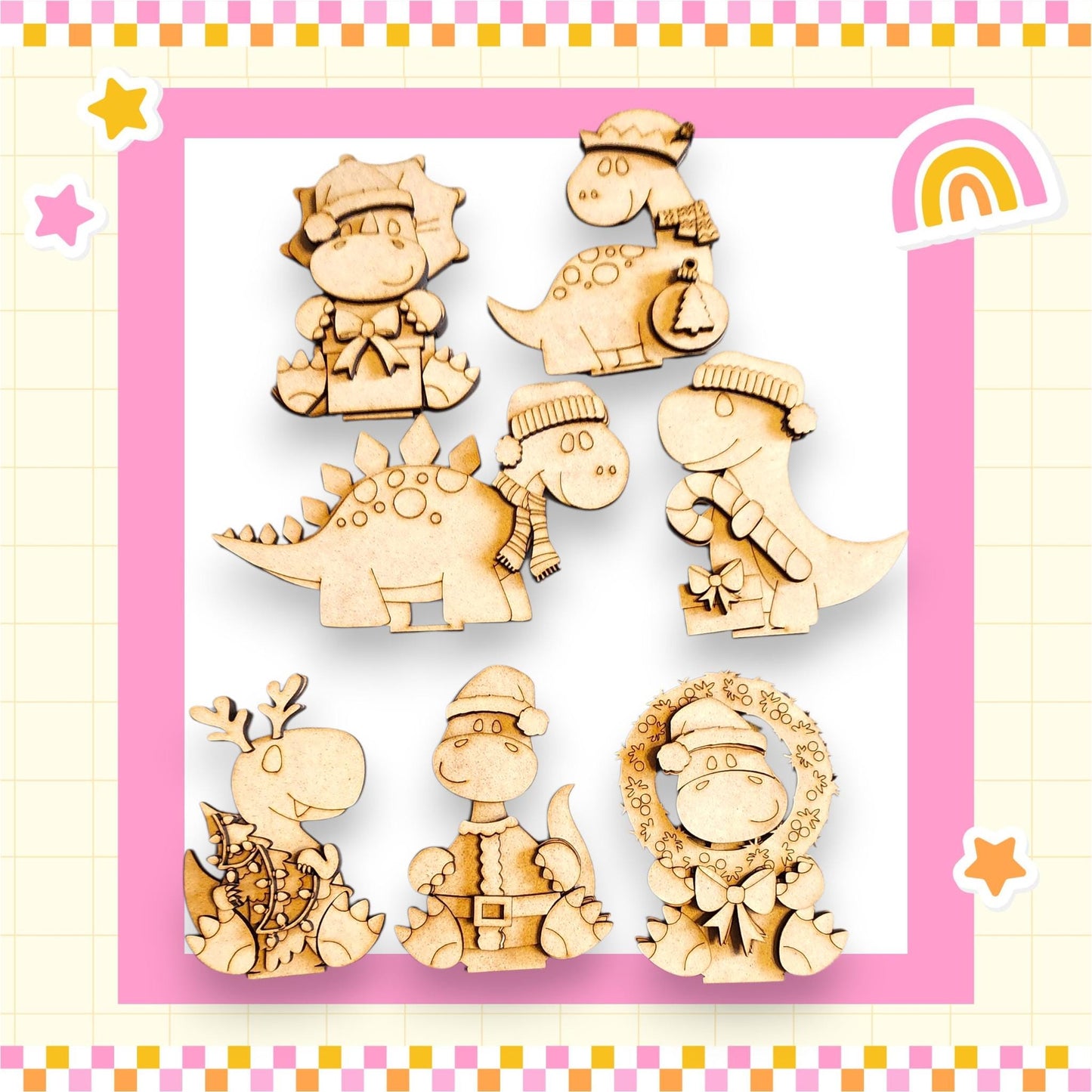 a collection of wooden cutouts of various cartoon-like dinosaur characters, including a T-Rex, a Stegosaurus, and a Velociraptor, all wearing hats and accessories. The cutouts are arranged in a playful and whimsical manner, creating a visually engaging scene.