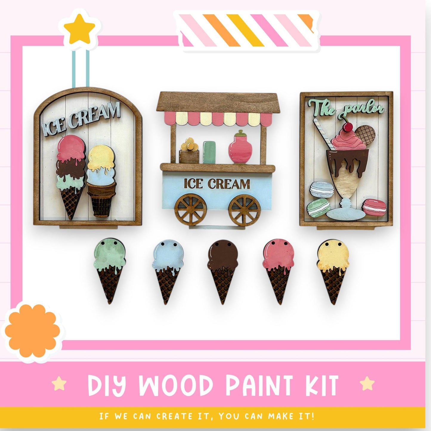 The image is a collage of various ice cream-themed decorations, including a wooden ice cream stand, ice cream cones, and a framed picture of ice cream. The text "DIY WOOD PAINT KIT" is displayed, suggesting that these items can be created using a paint kit.